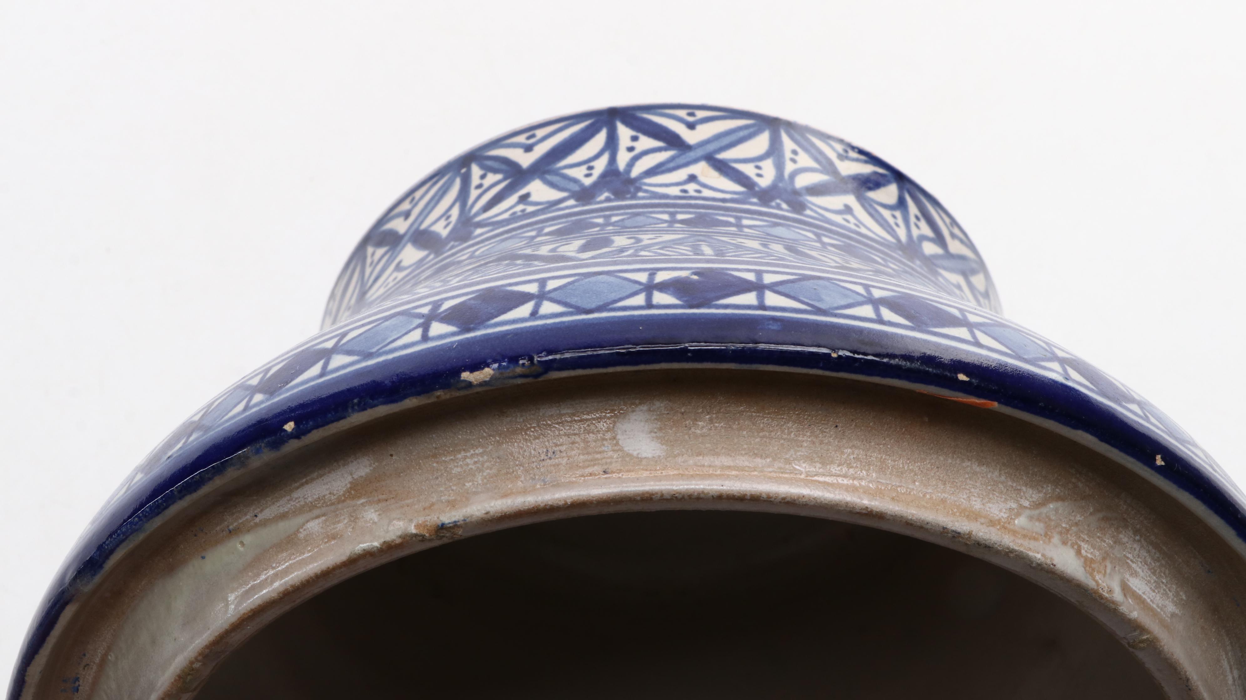 Mediterranean Blue and White Earthenware Pottery Lidded Jar