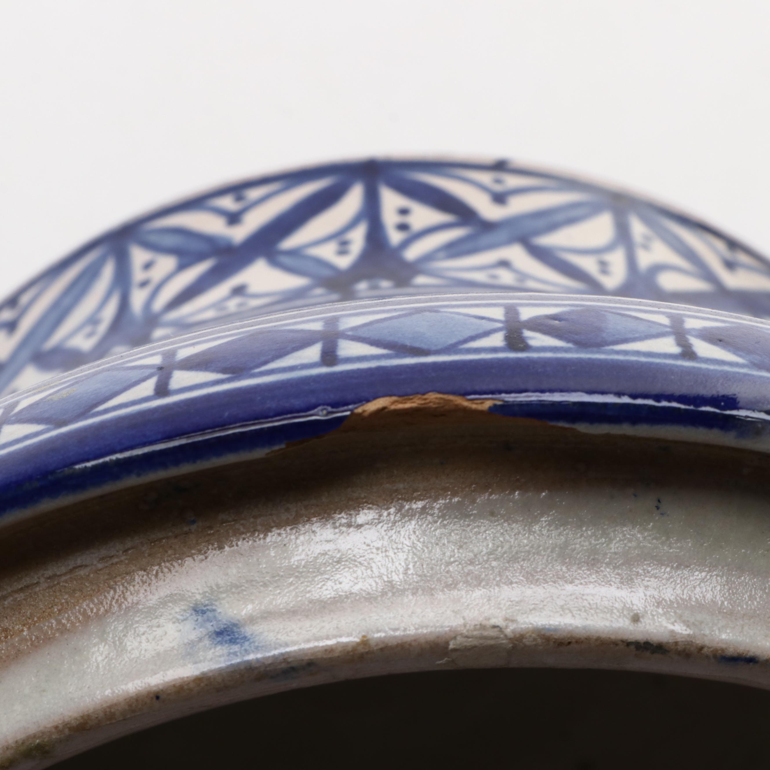 Mediterranean Blue and White Earthenware Pottery Lidded Jar