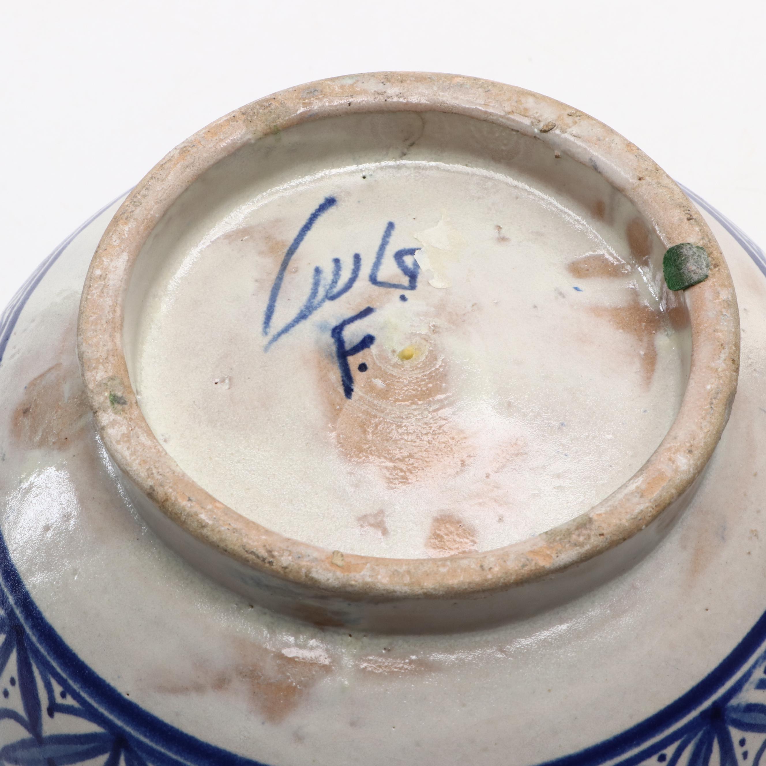 Mediterranean Blue and White Earthenware Pottery Lidded Jar