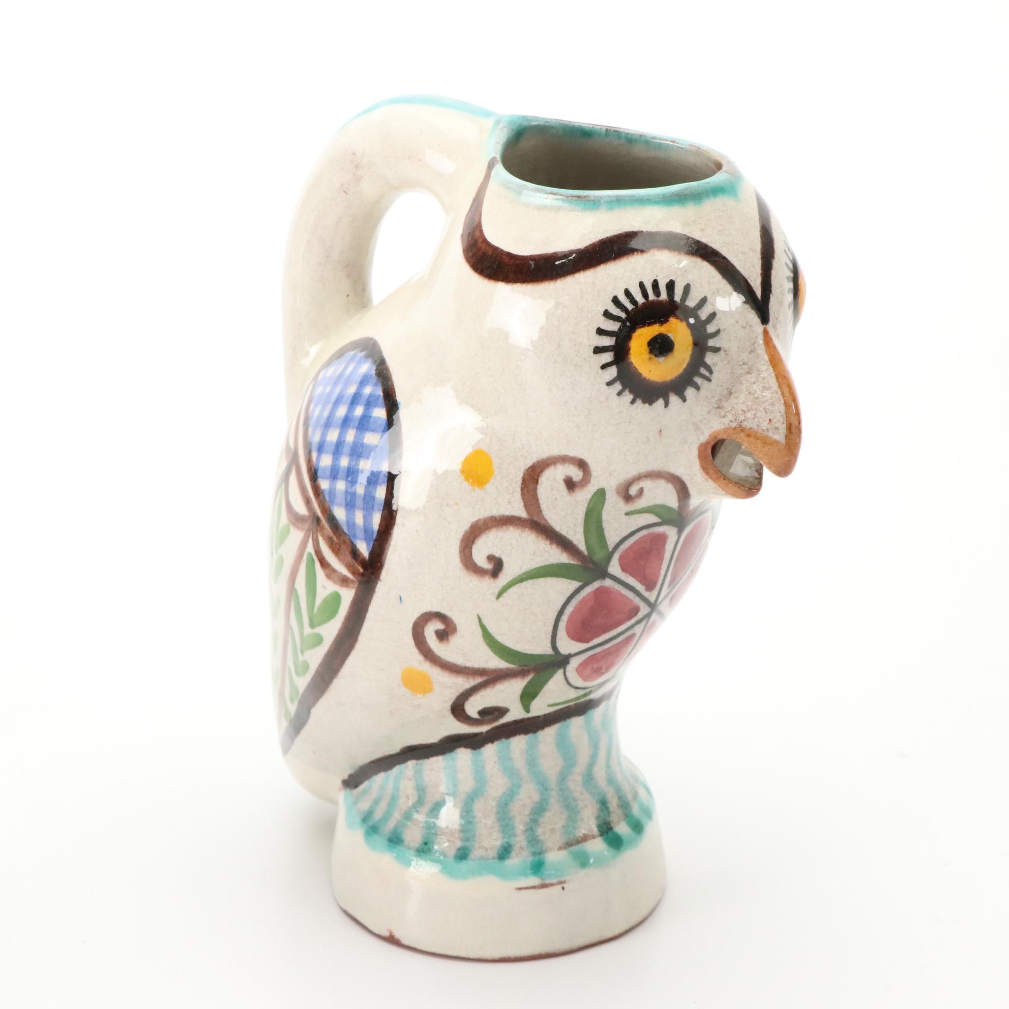 Bottle Shaped Music Box with Owl Shaped and Other Art Pottery Pitchers