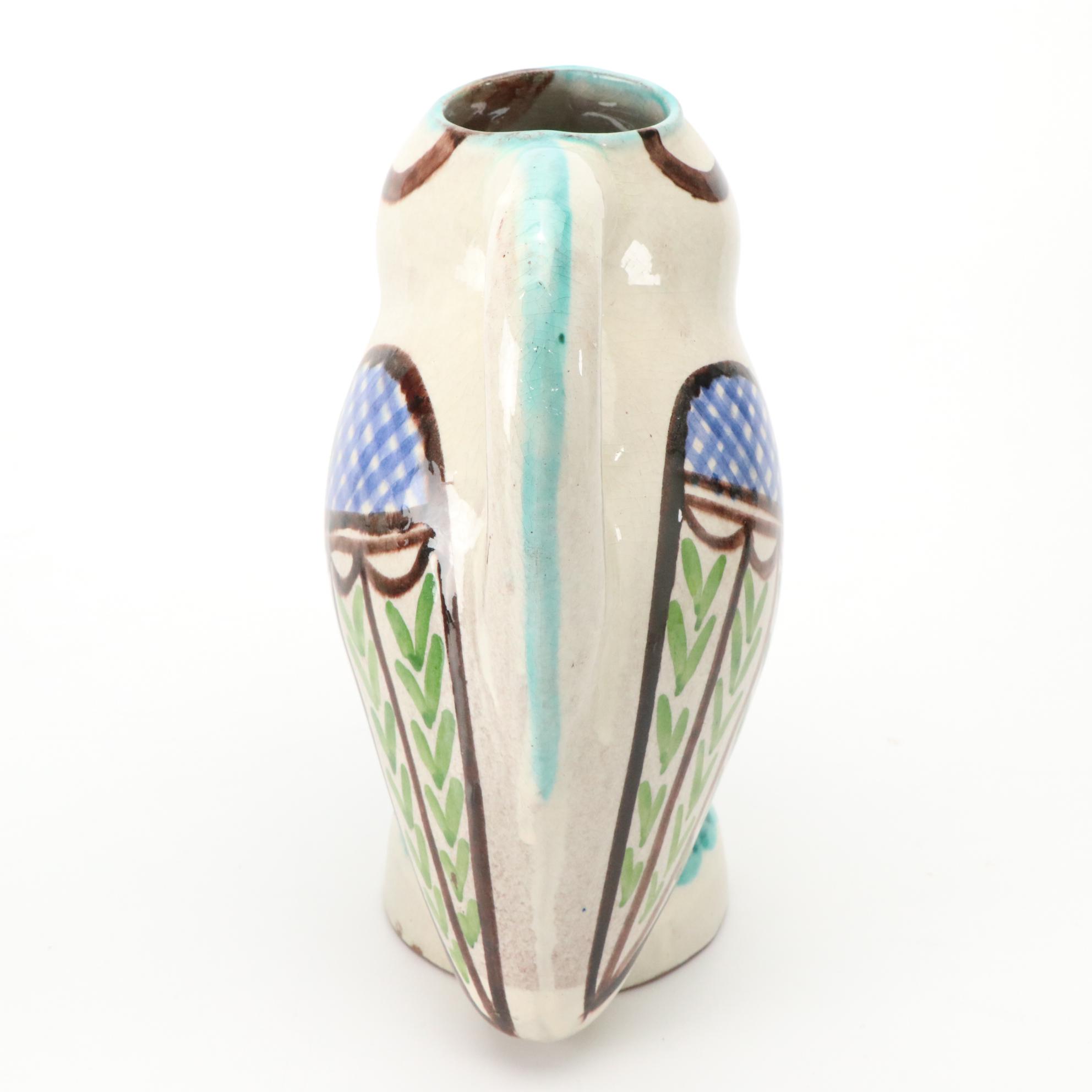 Bottle Shaped Music Box with Owl Shaped and Other Art Pottery Pitchers