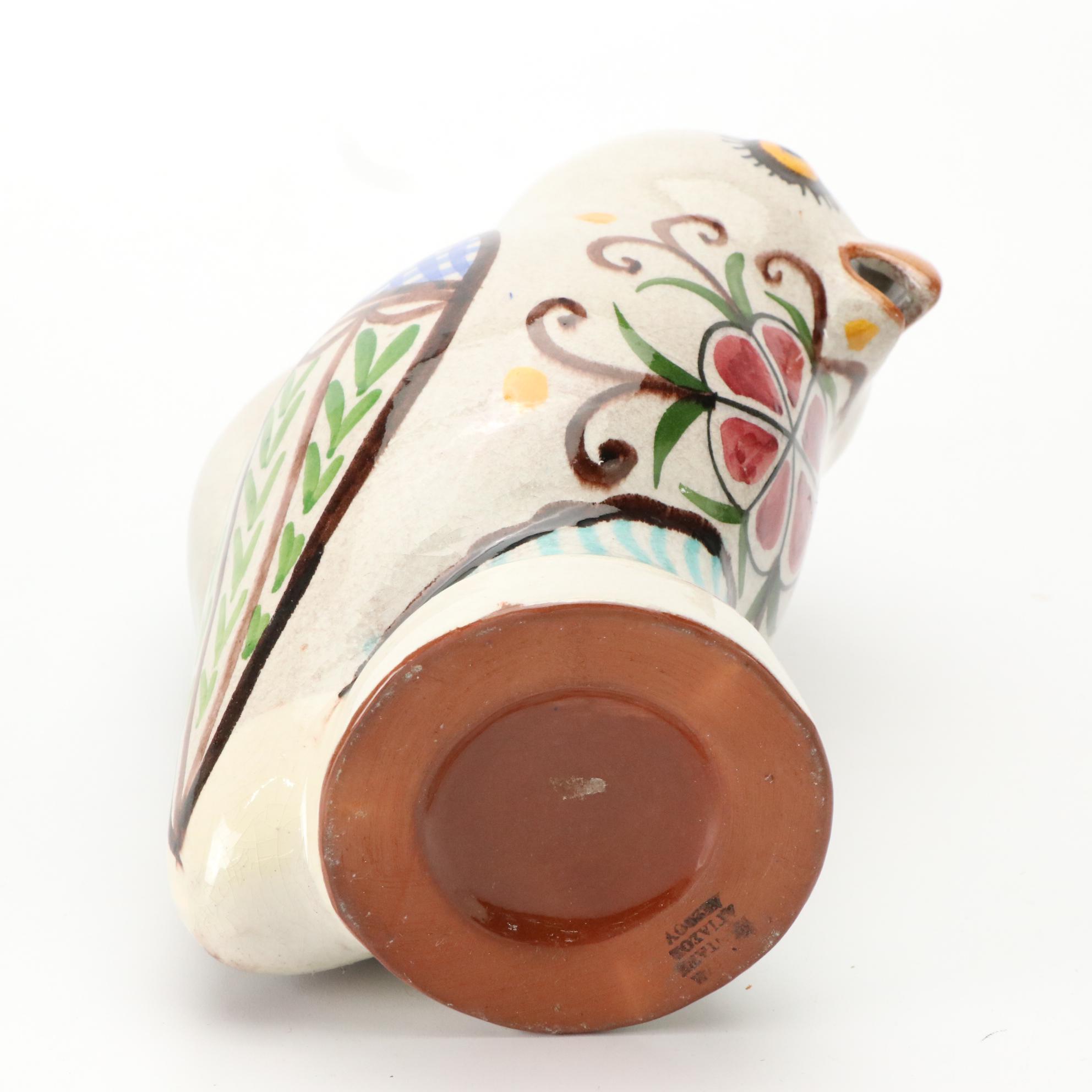 Bottle Shaped Music Box with Owl Shaped and Other Art Pottery Pitchers