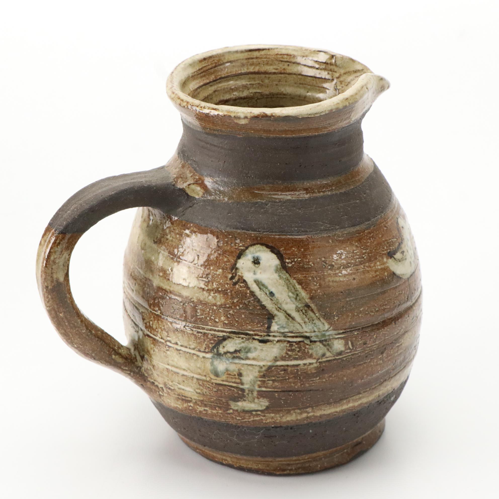 Bottle Shaped Music Box with Owl Shaped and Other Art Pottery Pitchers