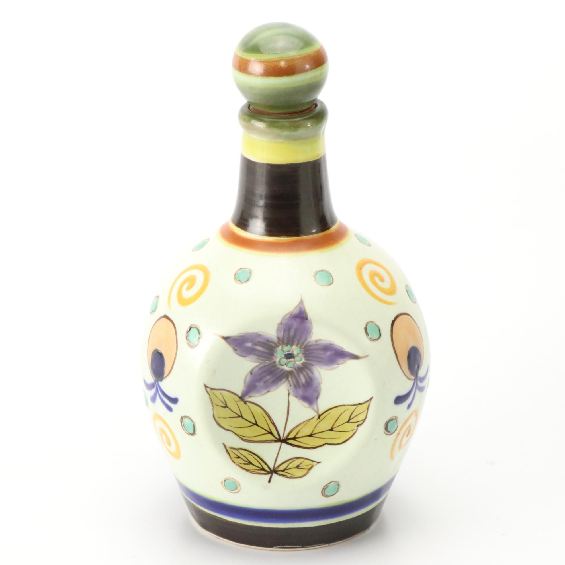 Bottle Shaped Music Box with Owl Shaped and Other Art Pottery Pitchers