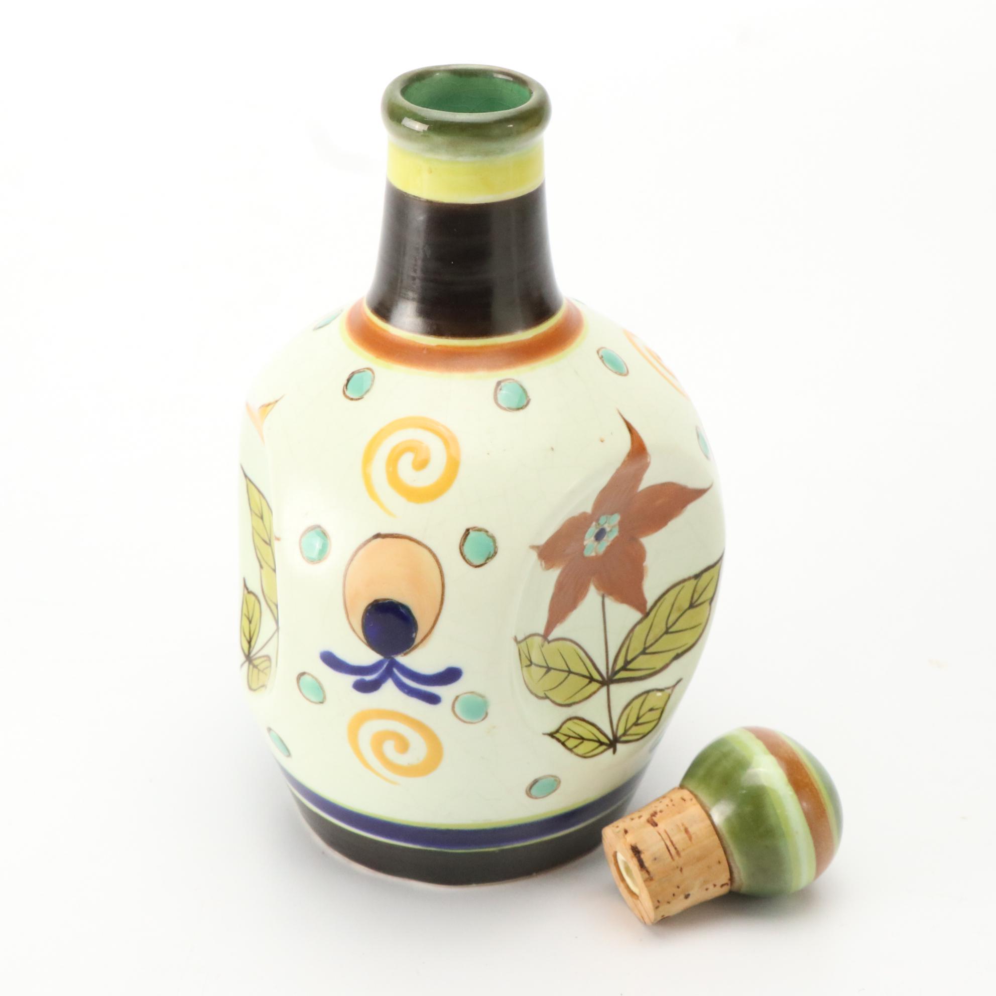 Bottle Shaped Music Box with Owl Shaped and Other Art Pottery Pitchers