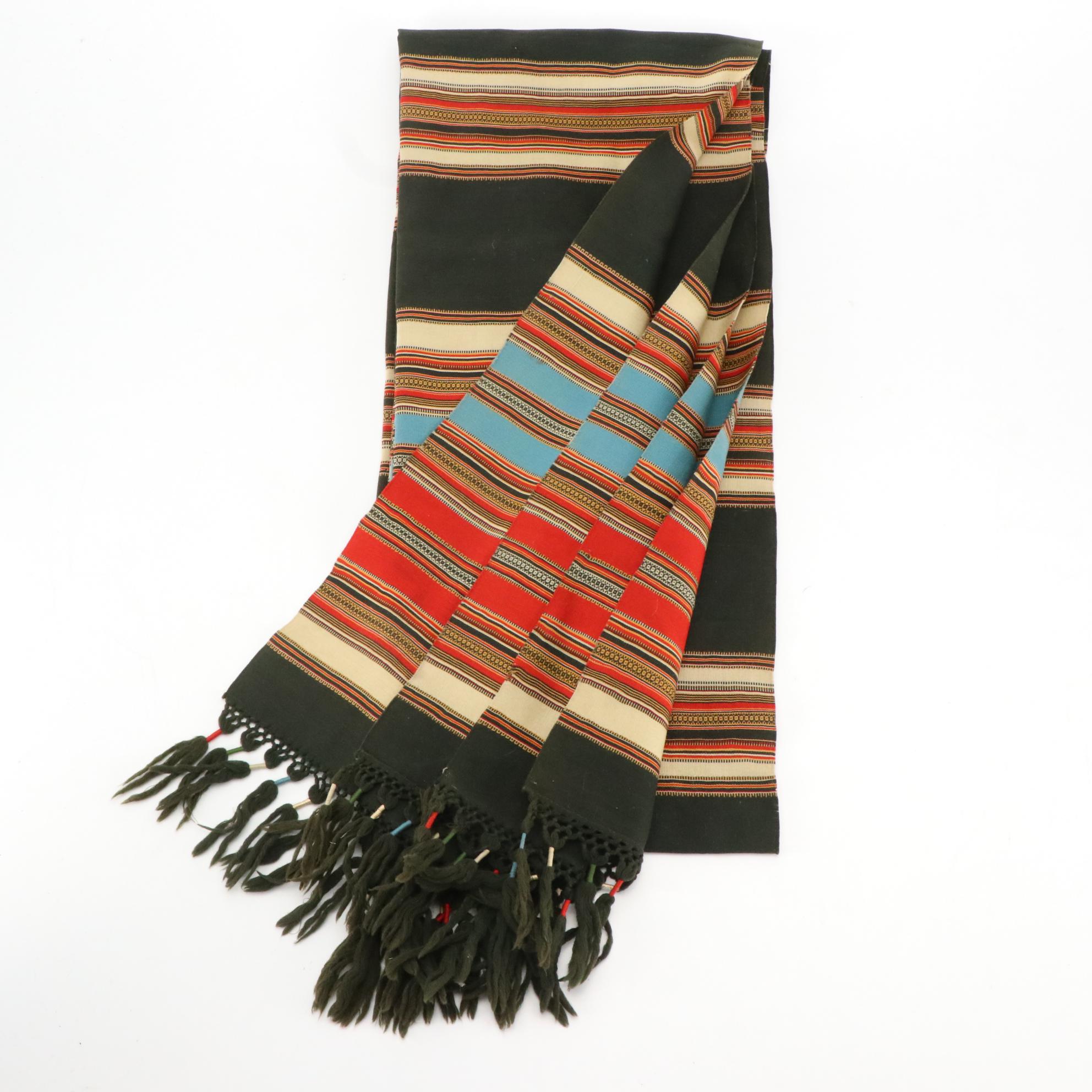 Tapestry Padded Table Runner With Central American Style Striped Woven Shawl