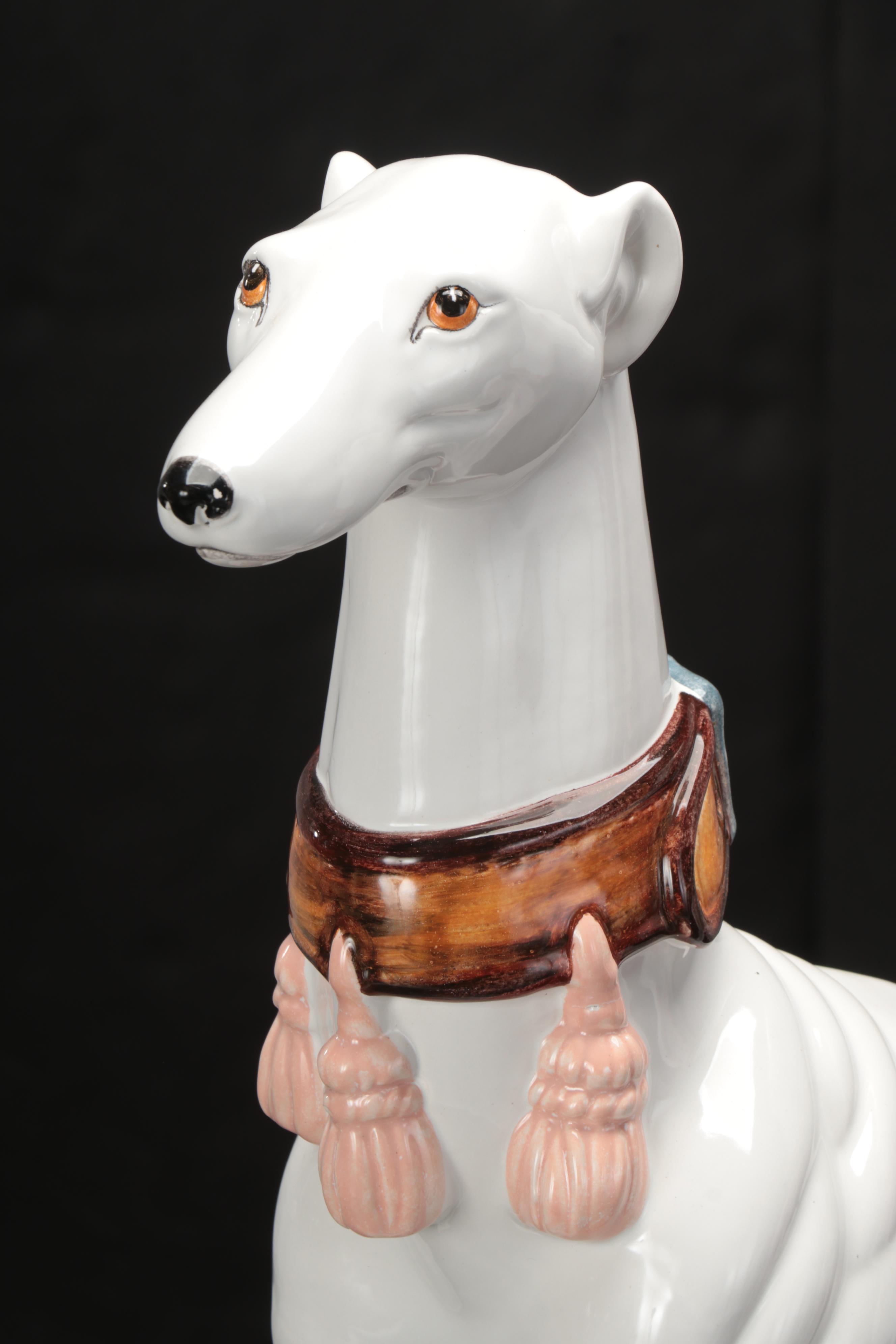 Hollywood Regency Style Italian Majolica Greyhound Statues, Mid to Late 20th C.