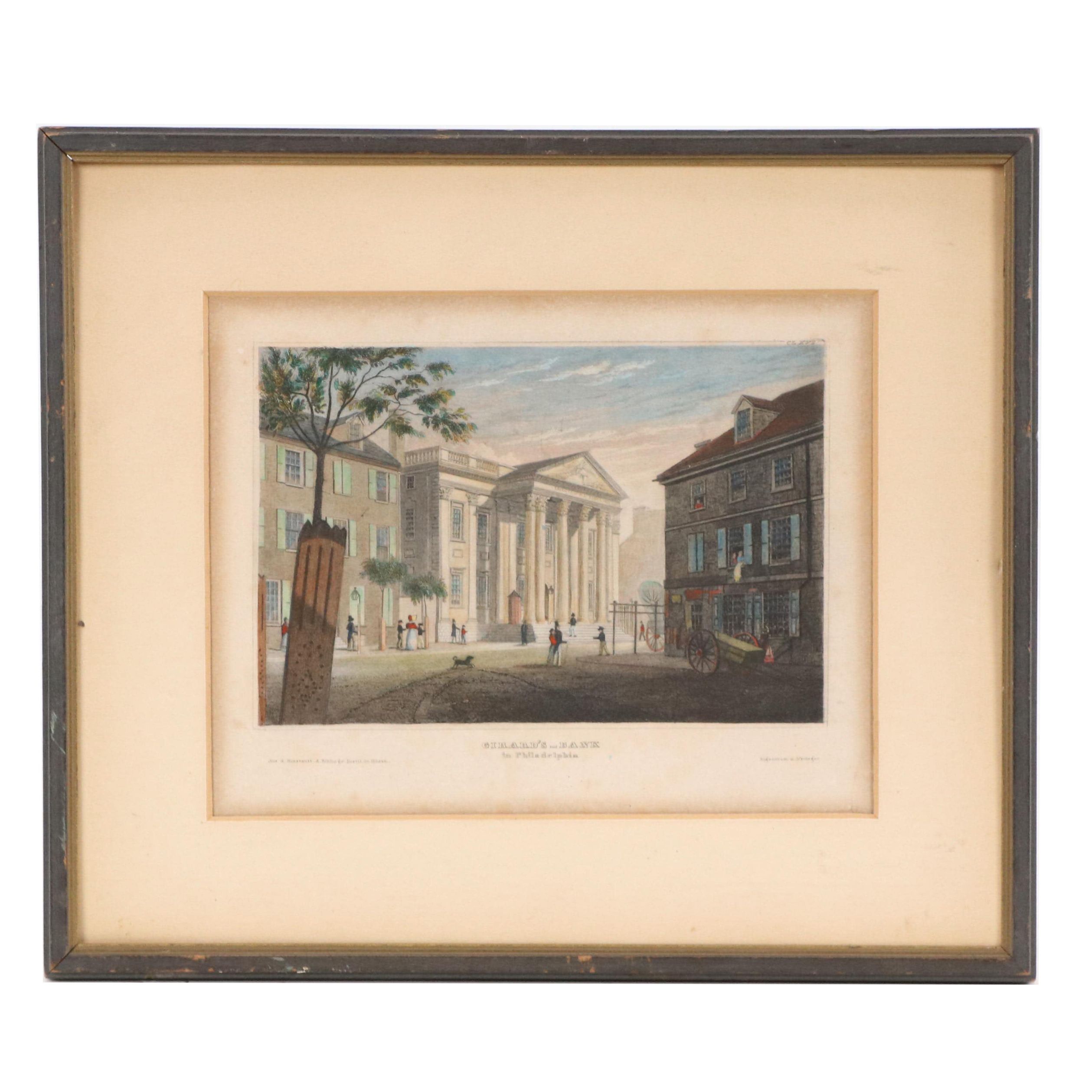 Hand-Colored Engraving of Girard's Bank, Philadelphia