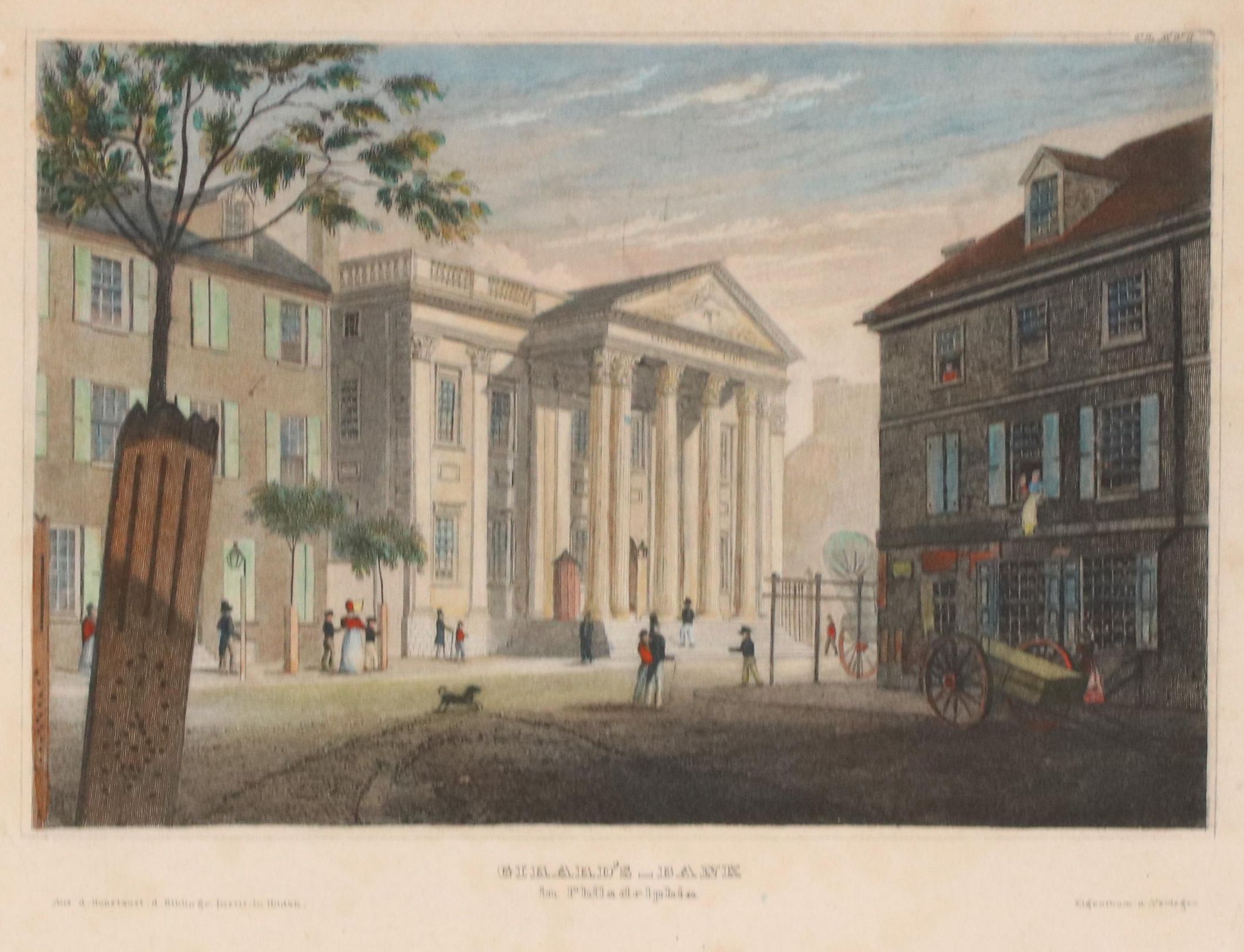 Hand-Colored Engraving of Girard's Bank, Philadelphia