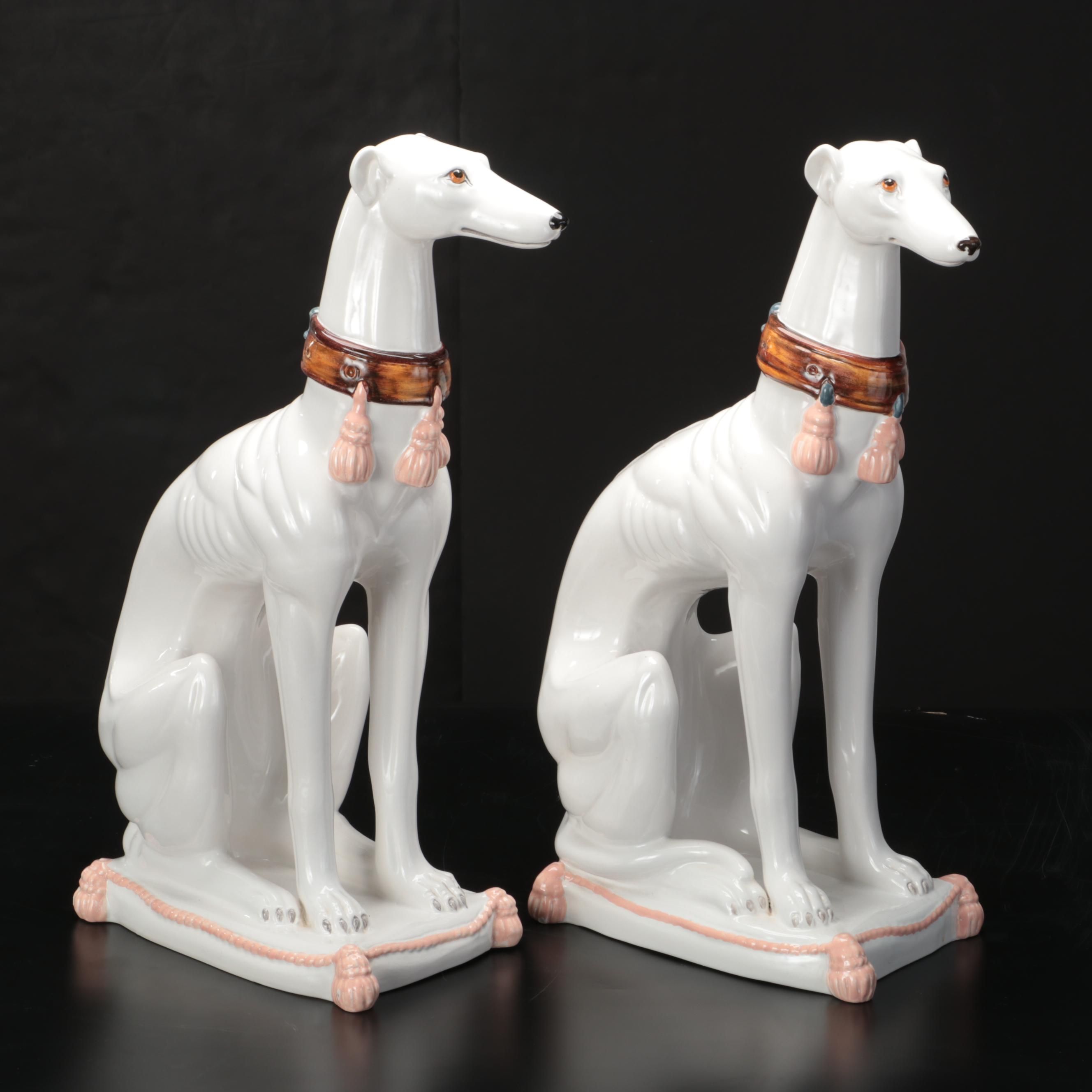 Hollywood Regency Style Italian Majolica Greyhound Statues, Mid to Late 20th C.