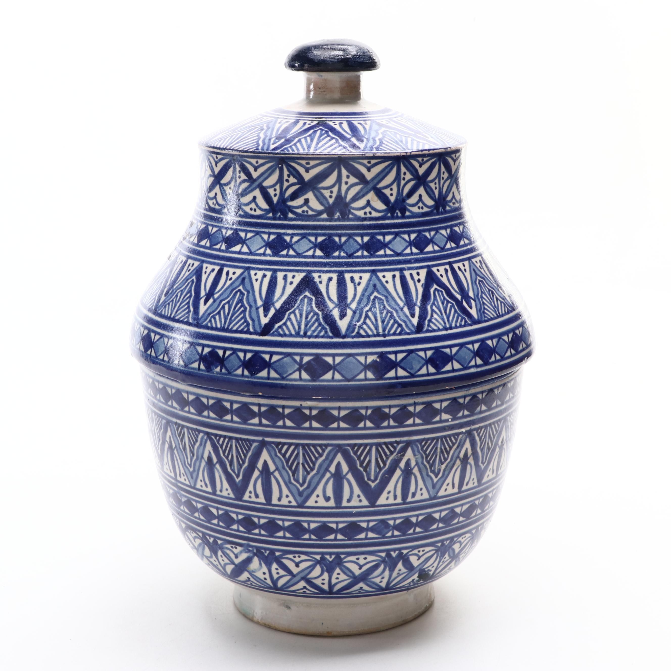 Mediterranean Blue and White Earthenware Pottery Lidded Jar