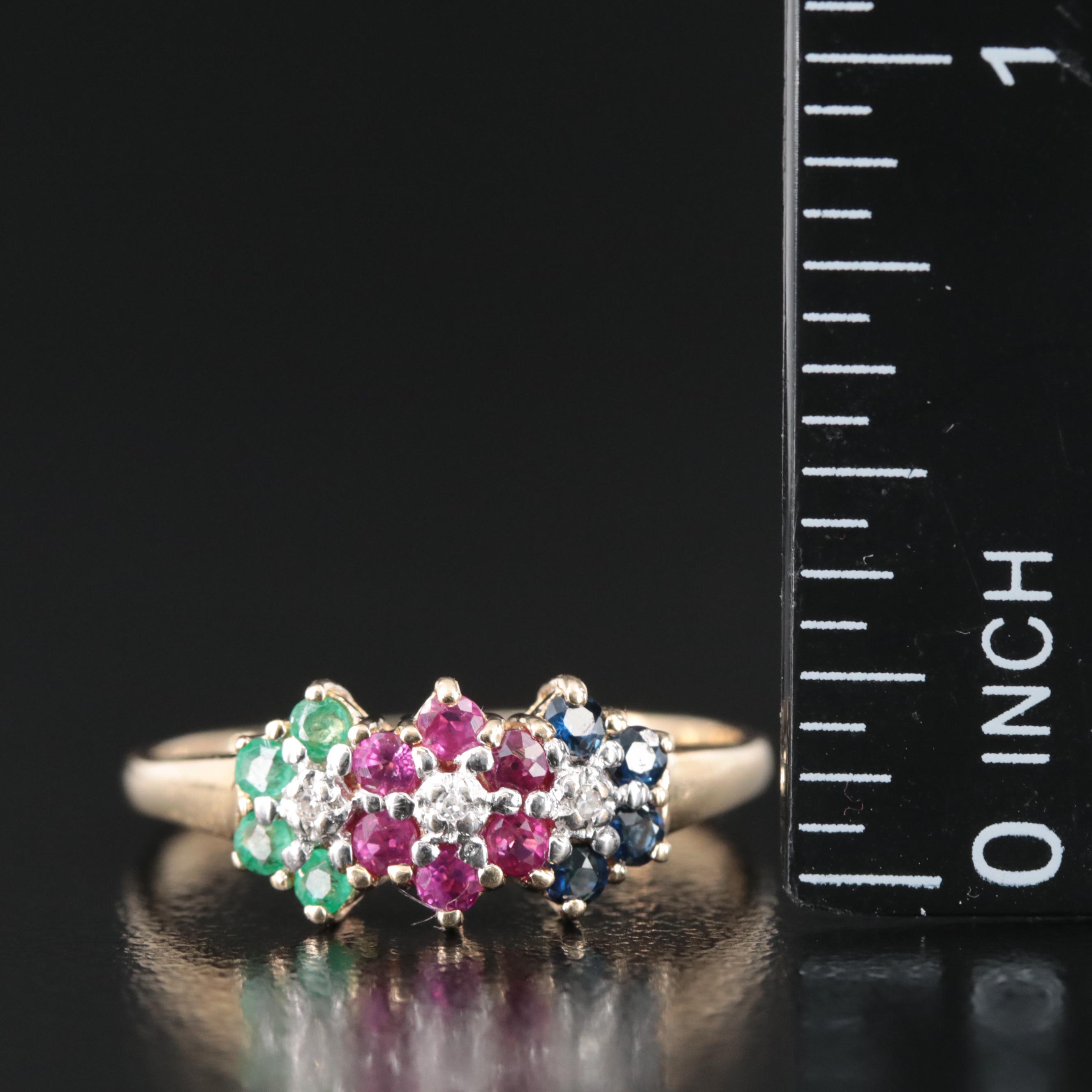 10K Ruby, Sapphire, Emerald and Diamond Ring