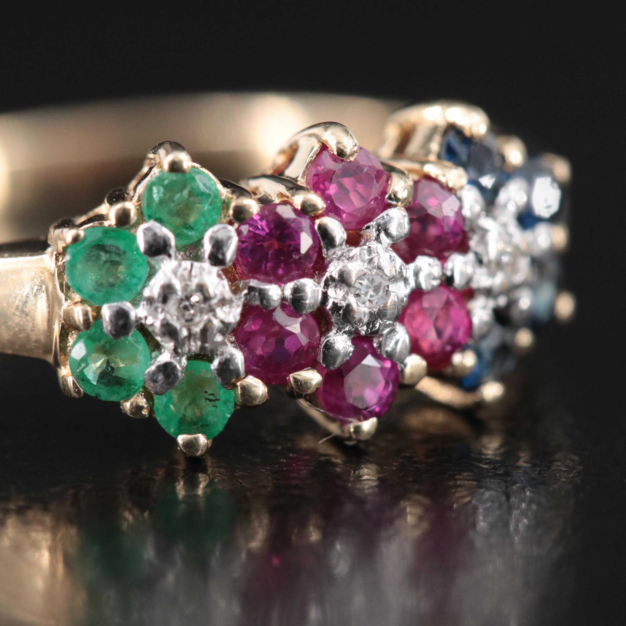 10K Ruby, Sapphire, Emerald and Diamond Ring