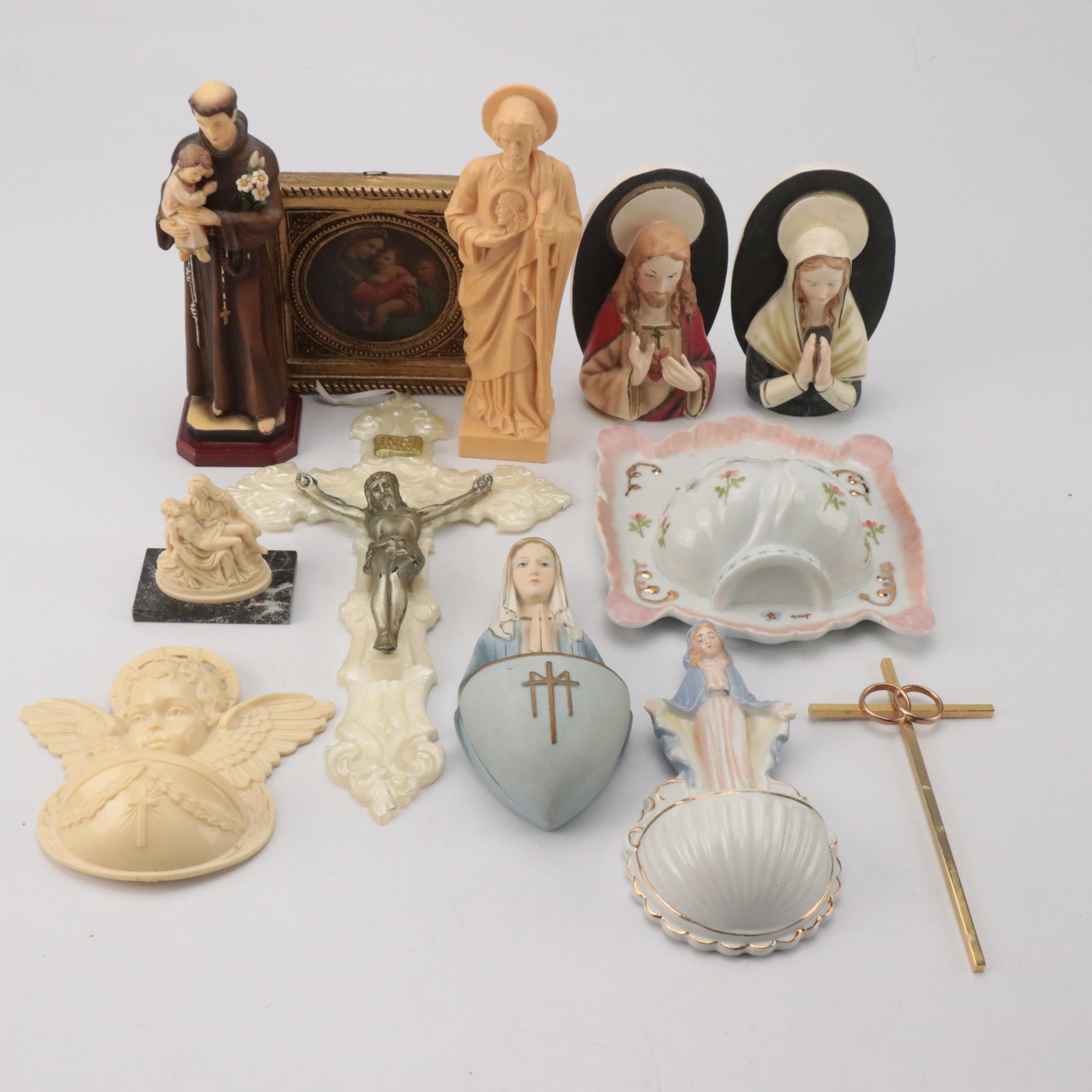 Wall Mounted Holy Water Fonts with Other Statues and Wall Plaques