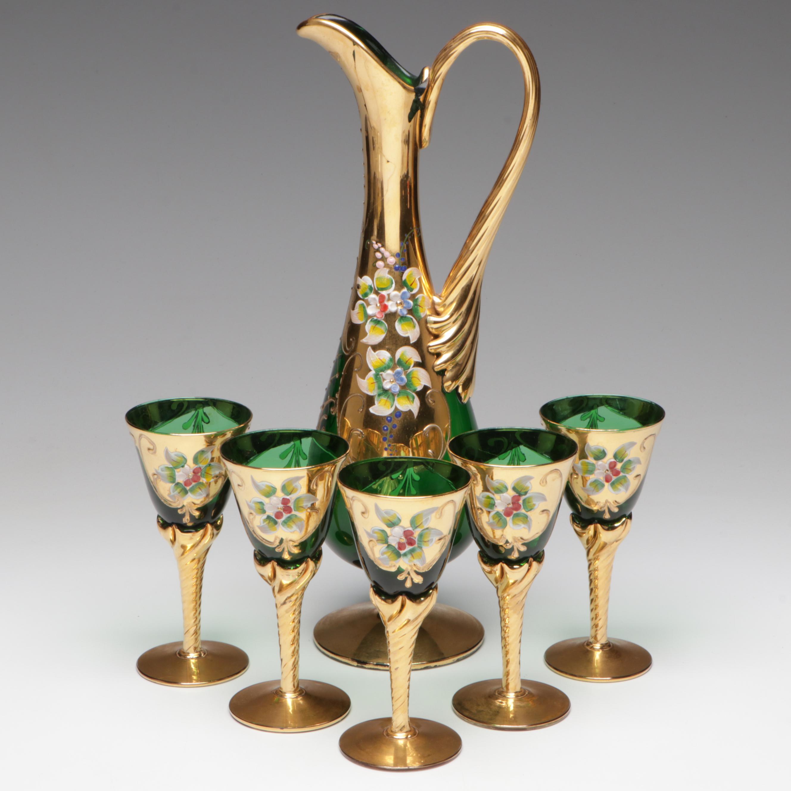 Italian Enameled Glass Wine Carafe and Glasses, Mid to Late 20th Century