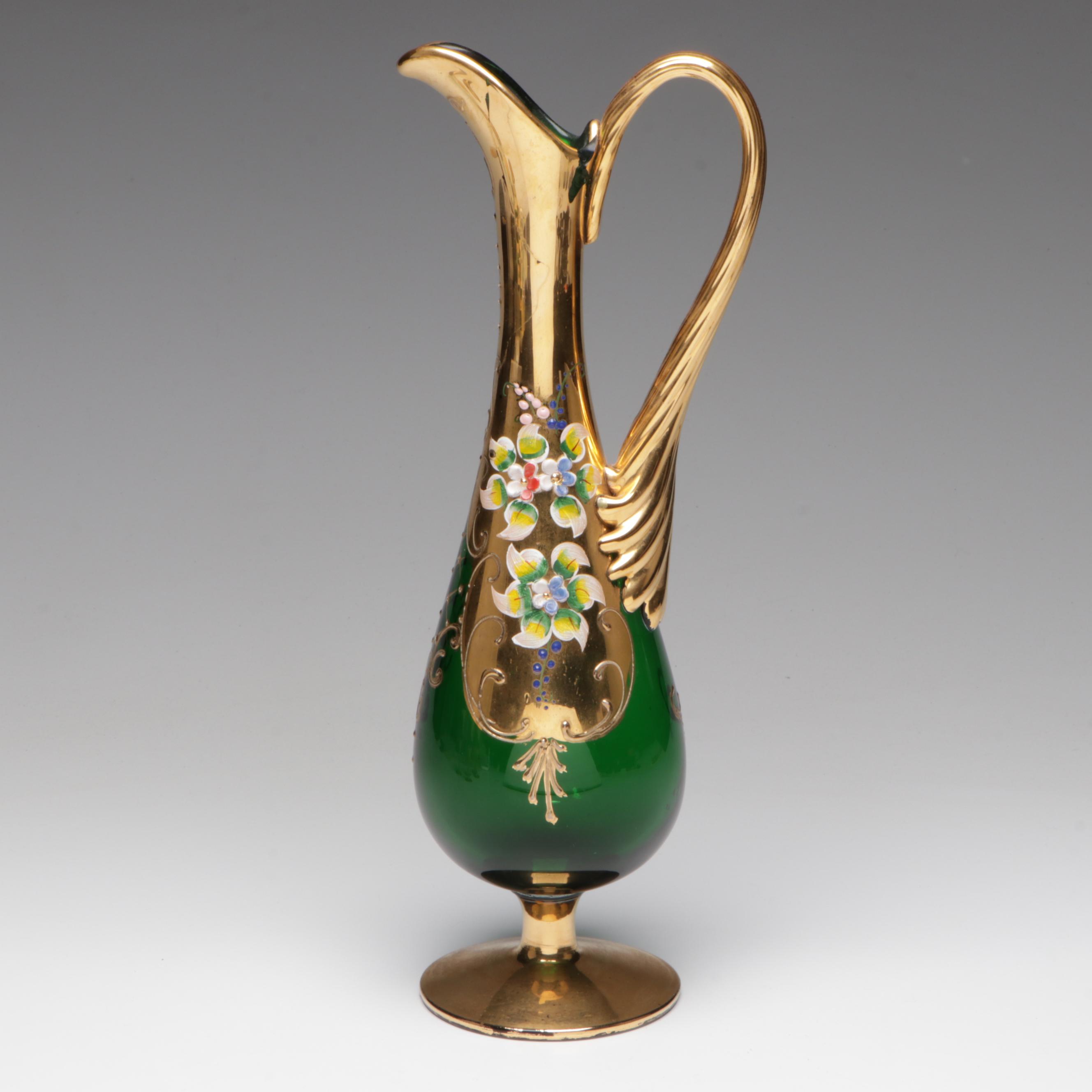 Italian Enameled Glass Wine Carafe and Glasses, Mid to Late 20th Century