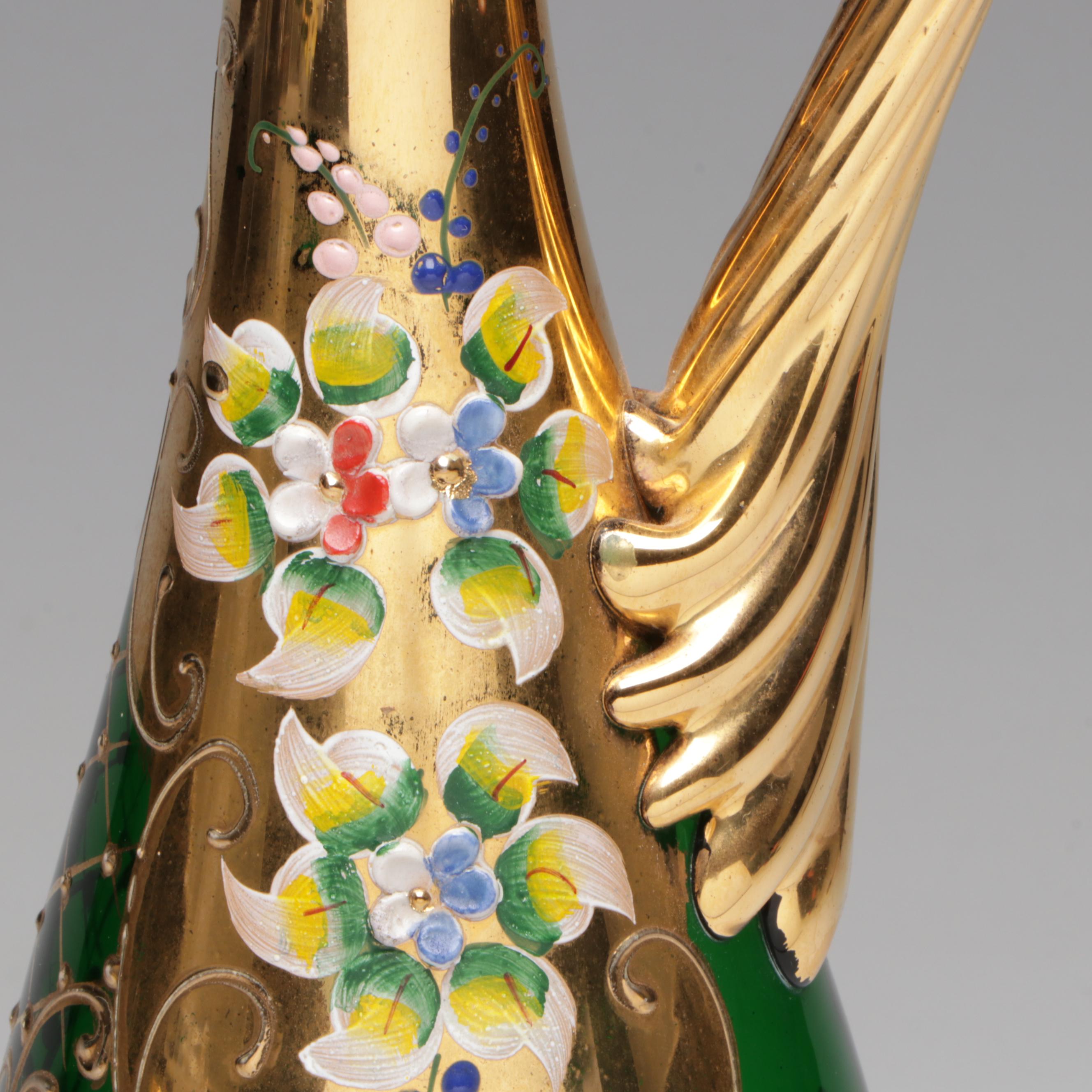 Italian Enameled Glass Wine Carafe and Glasses, Mid to Late 20th Century