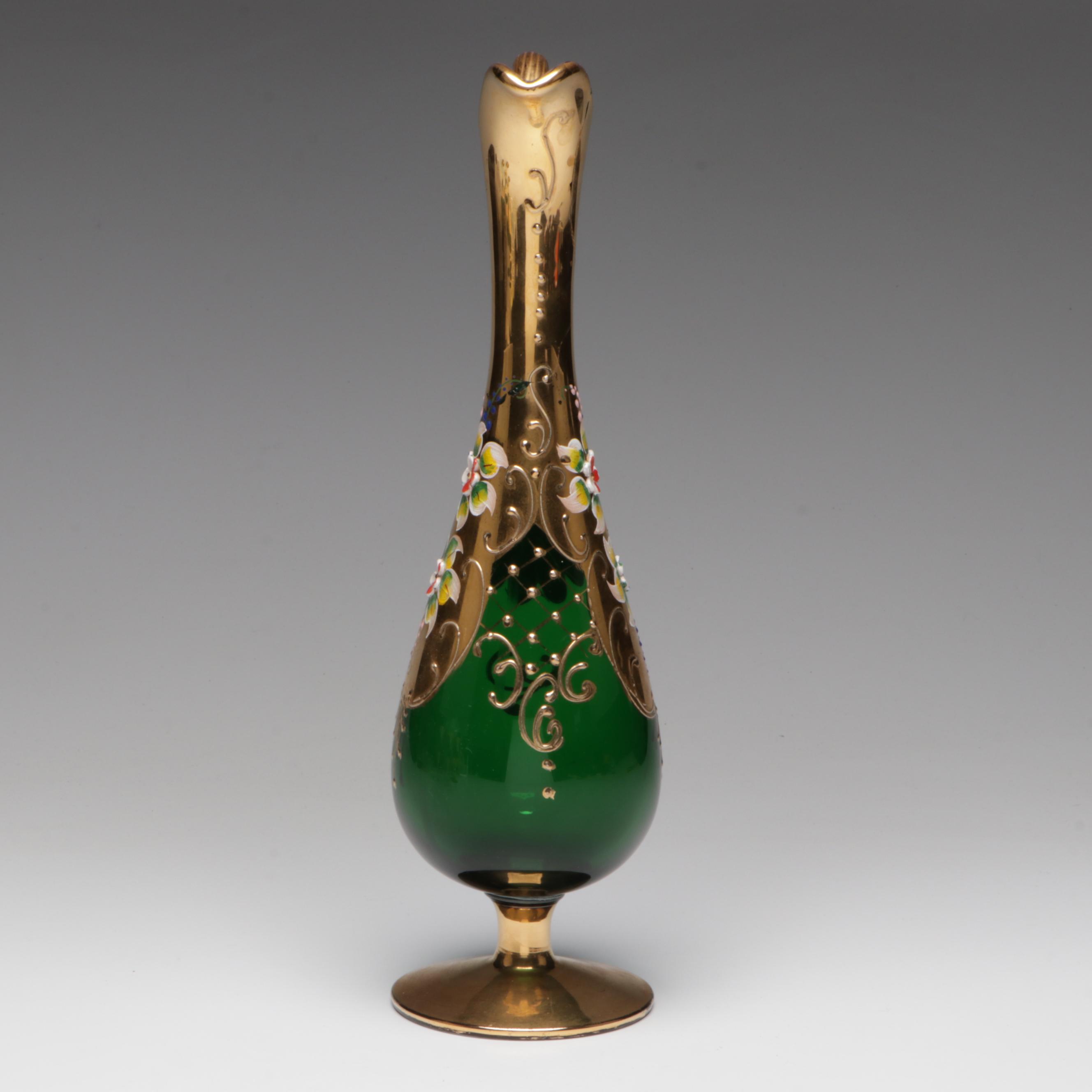 Italian Enameled Glass Wine Carafe and Glasses, Mid to Late 20th Century