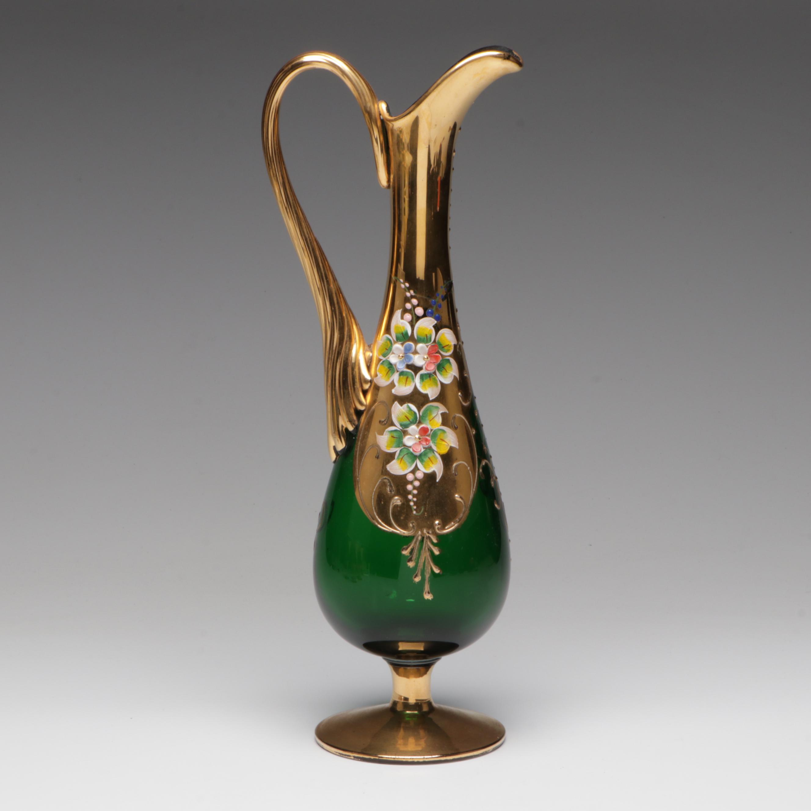 Italian Enameled Glass Wine Carafe and Glasses, Mid to Late 20th Century