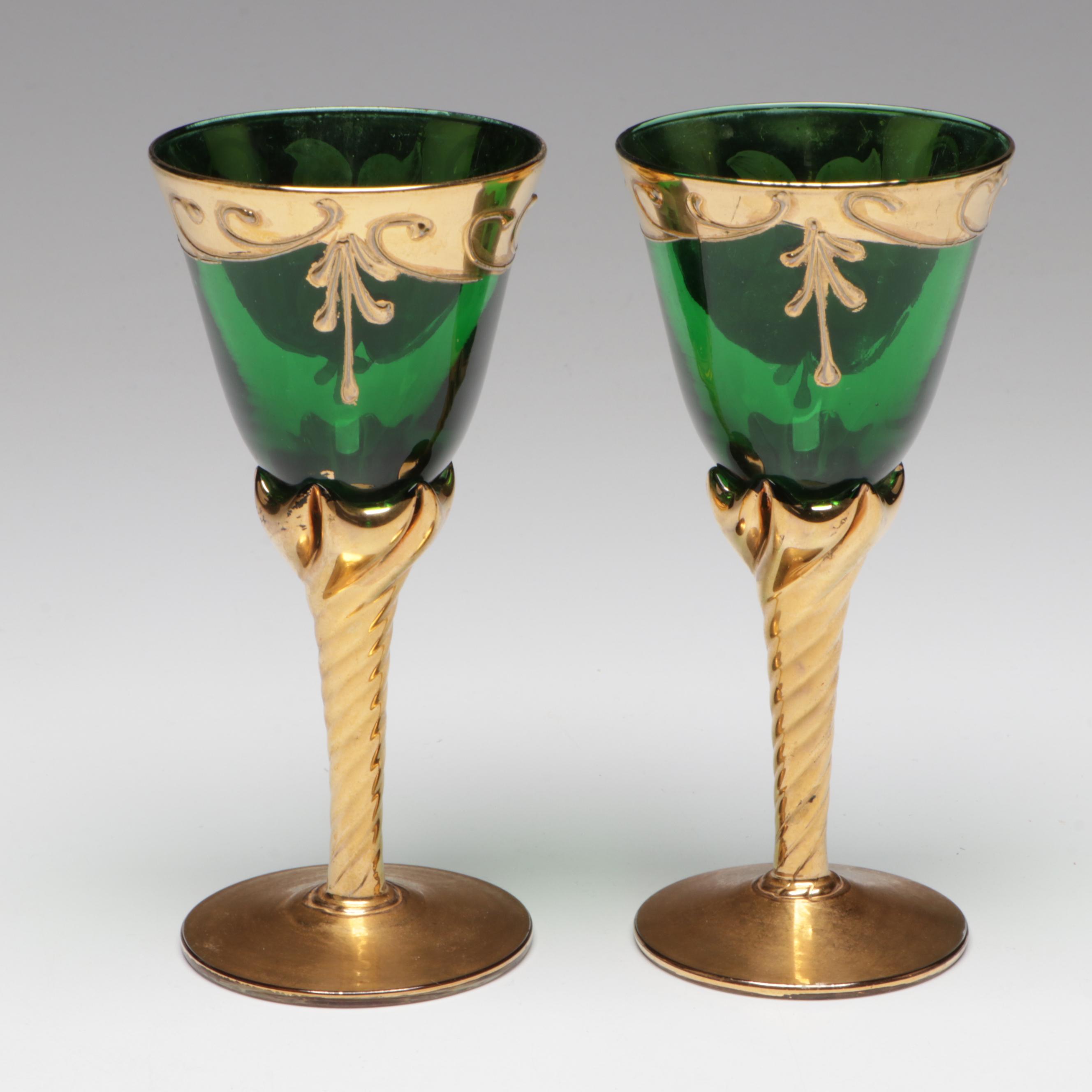 Italian Enameled Glass Wine Carafe and Glasses, Mid to Late 20th Century