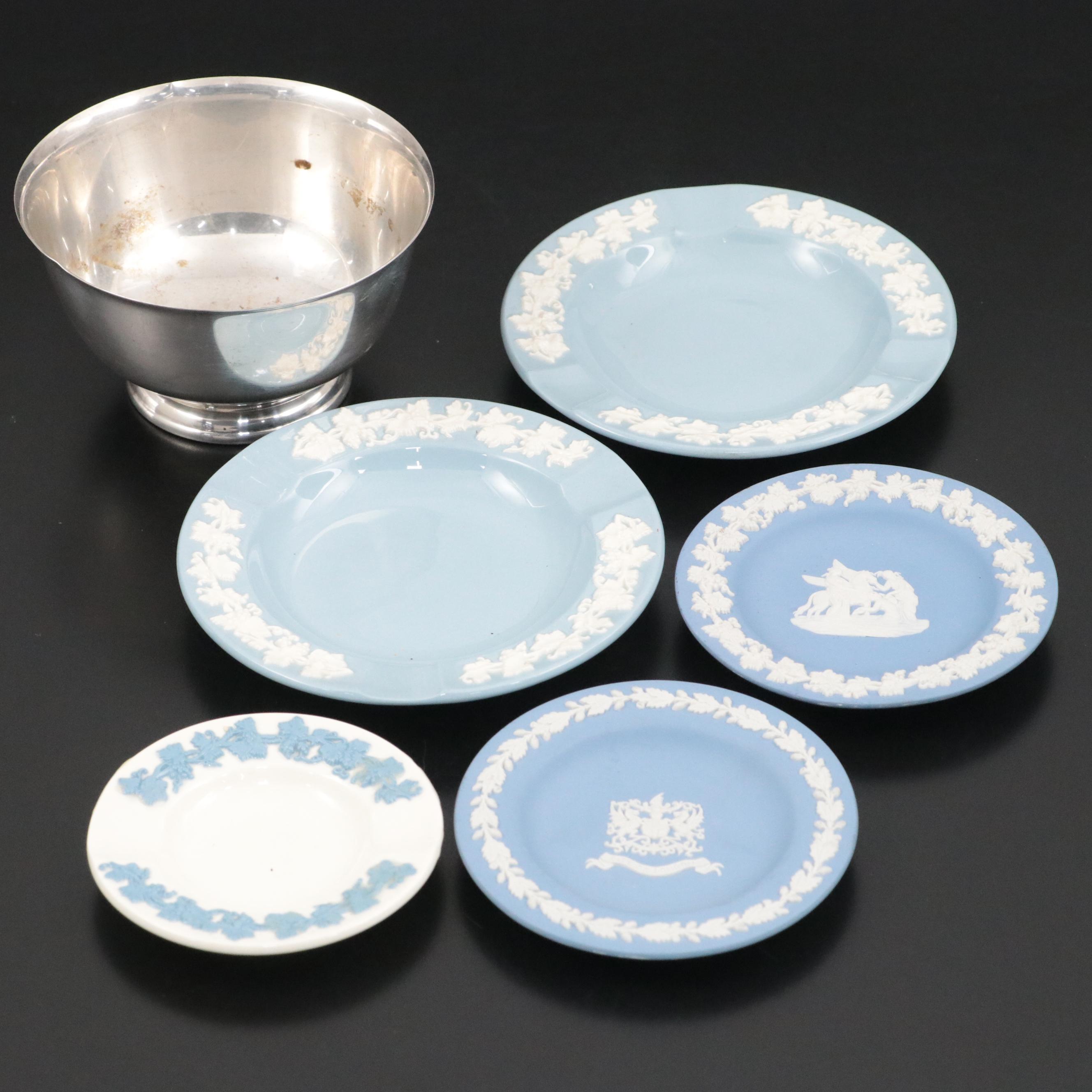 Wedgwood Jasperware and Queen's Ware Collection with Silver Plate Bowl
