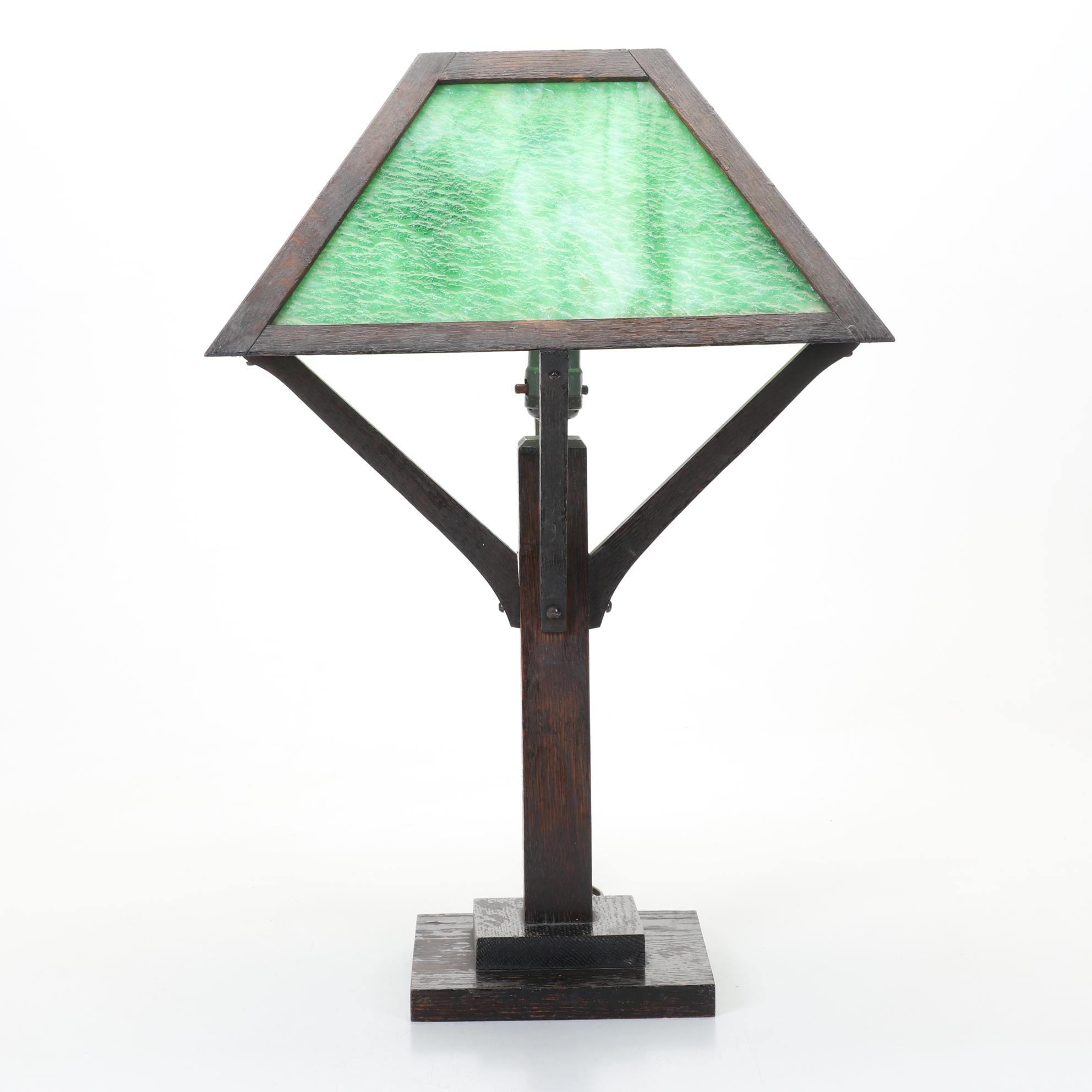 Arts & Crafts Wood Table Lamp With Green Square Slag Glass Shade, Early 20th C.