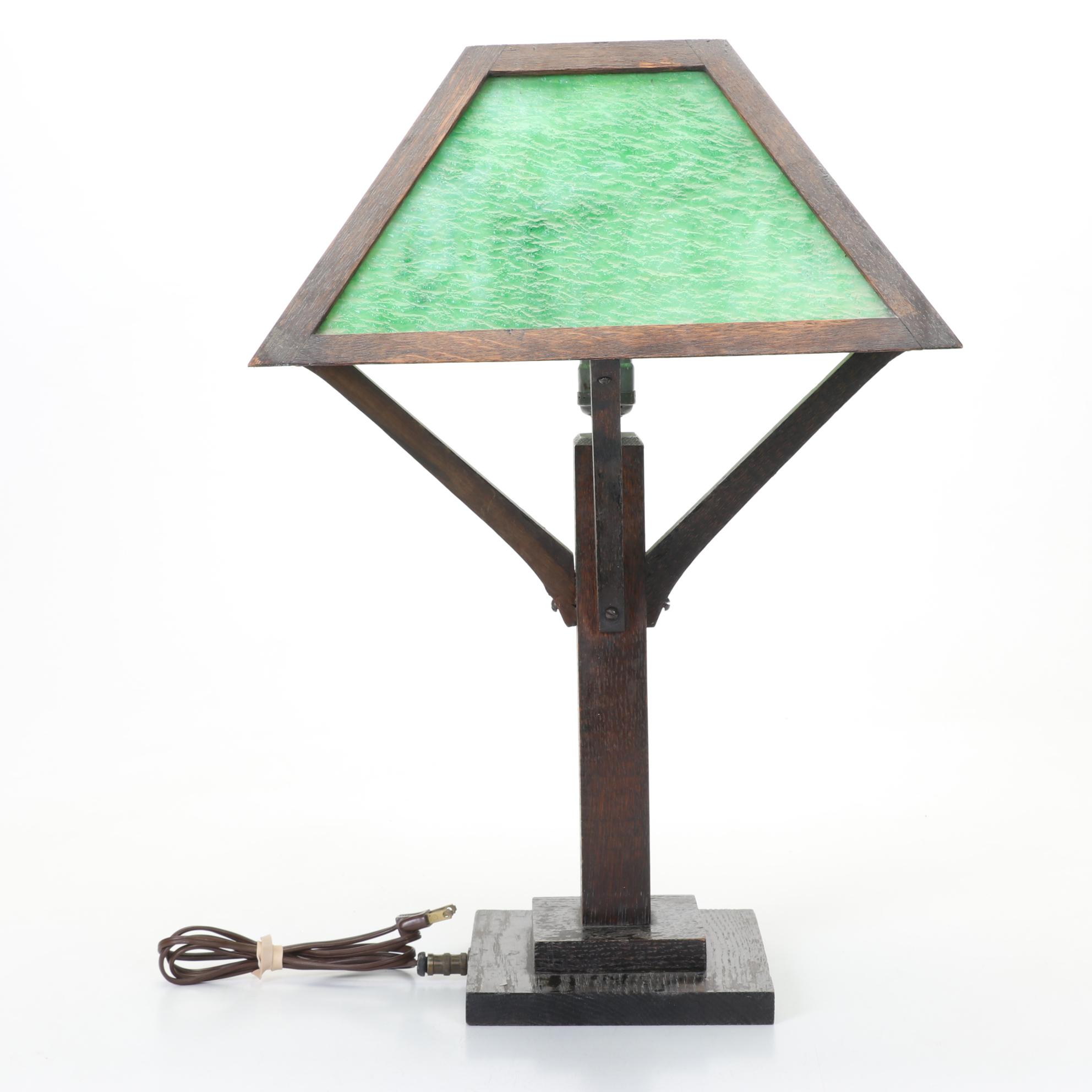 Arts & Crafts Wood Table Lamp With Green Square Slag Glass Shade, Early 20th C.