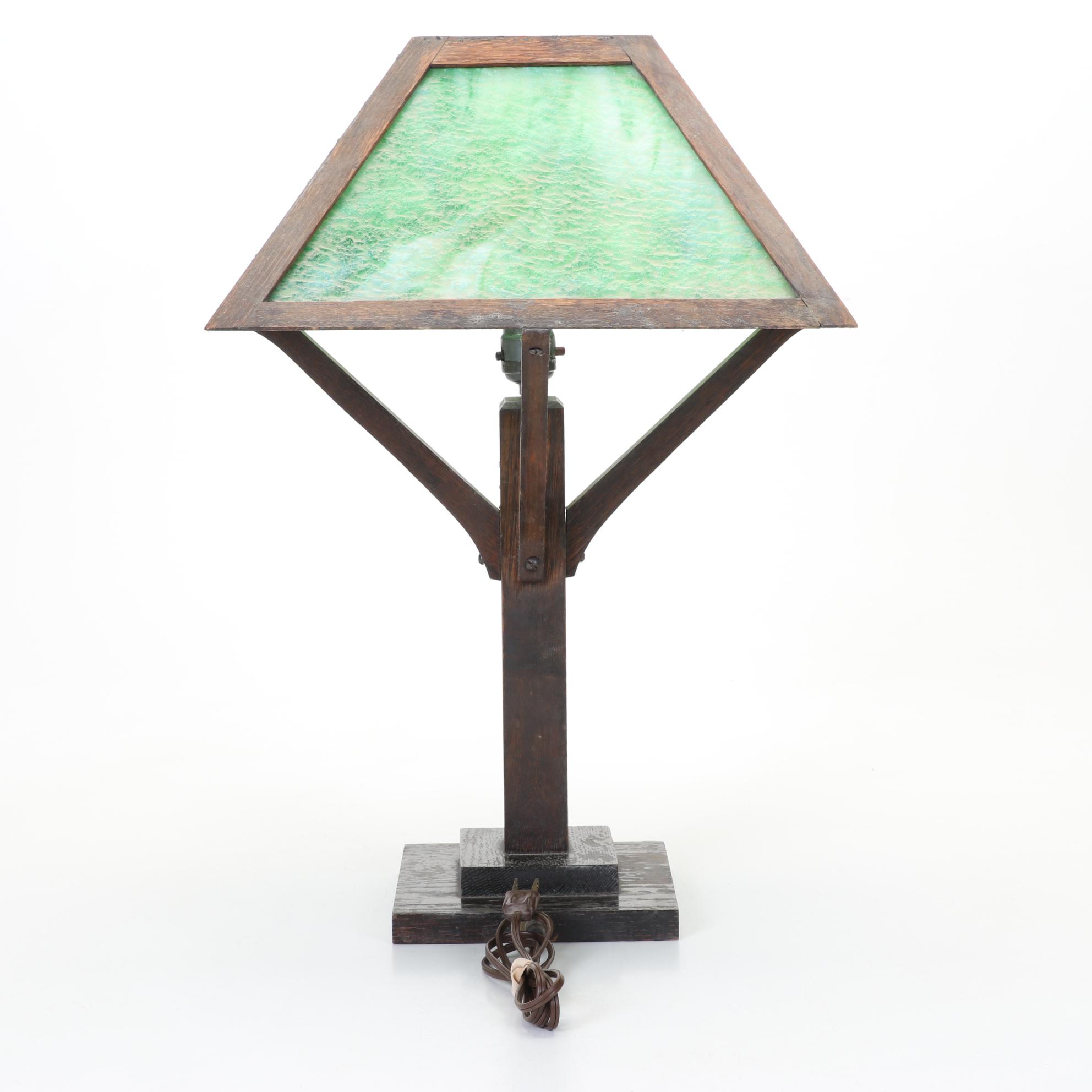 Arts & Crafts Wood Table Lamp With Green Square Slag Glass Shade, Early 20th C.