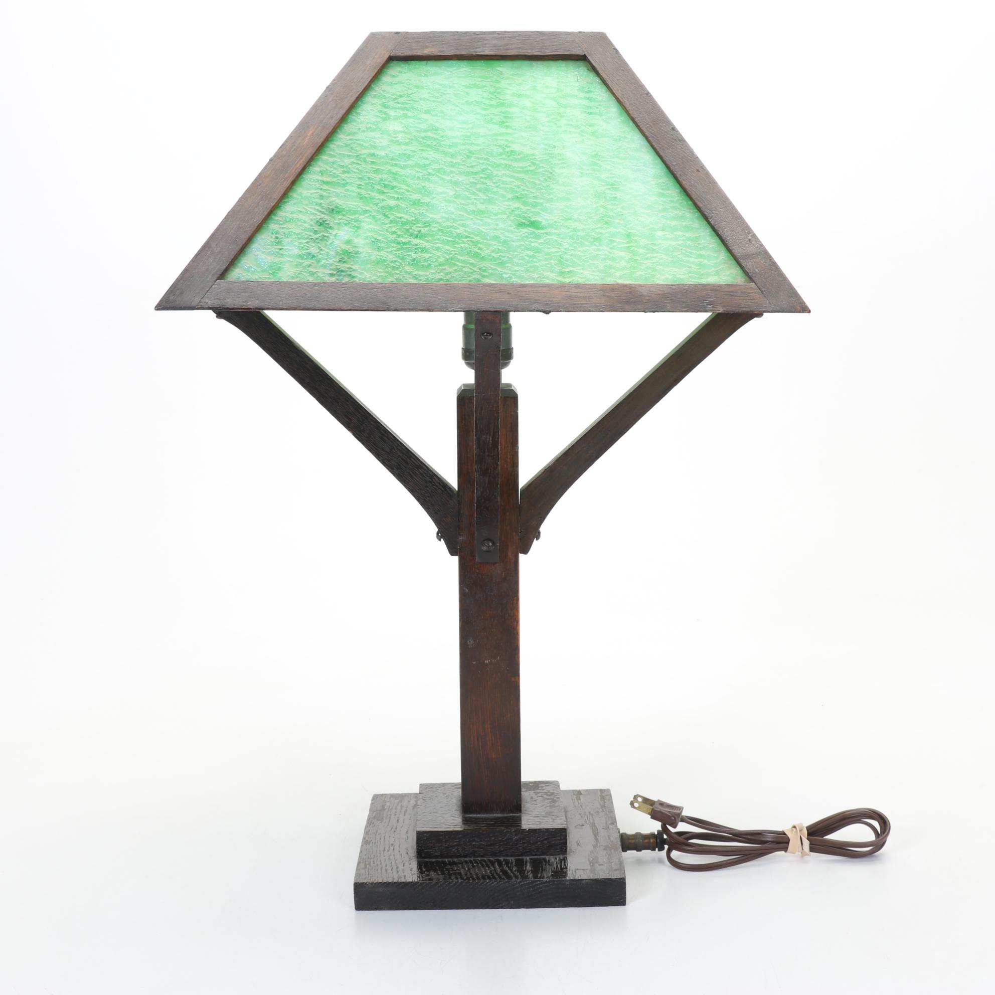 Arts & Crafts Wood Table Lamp With Green Square Slag Glass Shade, Early 20th C.