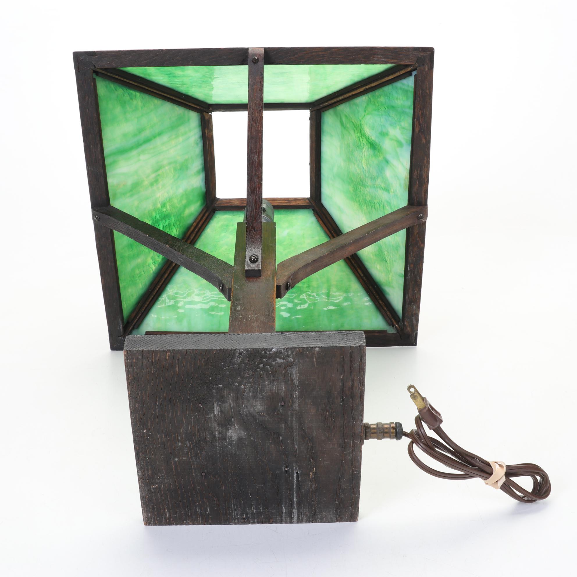 Arts & Crafts Wood Table Lamp With Green Square Slag Glass Shade, Early 20th C.