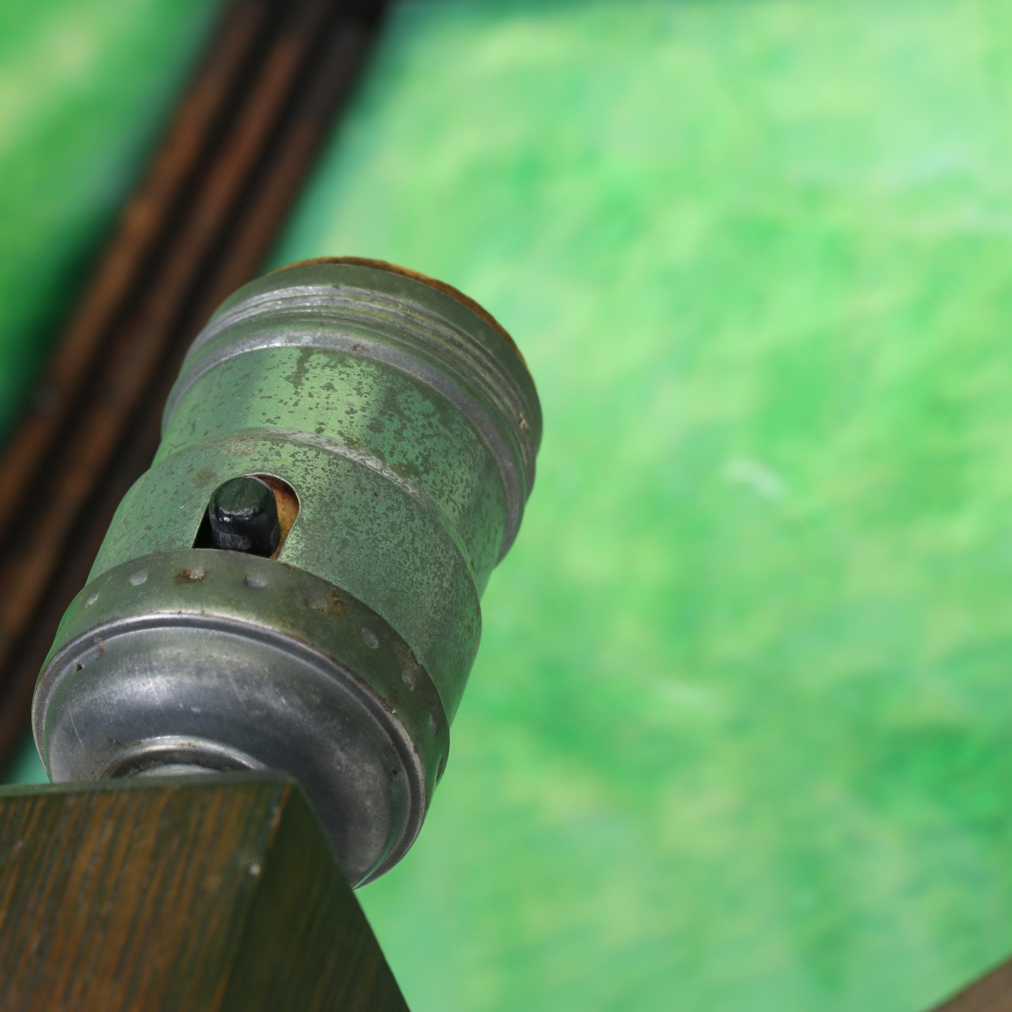 Arts & Crafts Wood Table Lamp With Green Square Slag Glass Shade, Early 20th C.