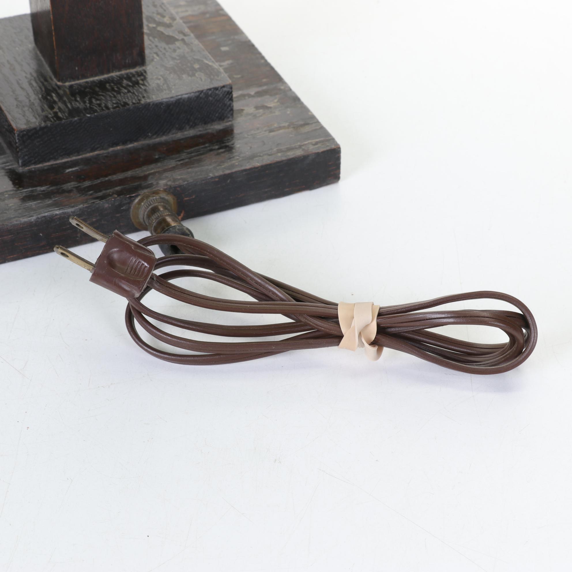 Arts & Crafts Wood Table Lamp With Green Square Slag Glass Shade, Early 20th C.