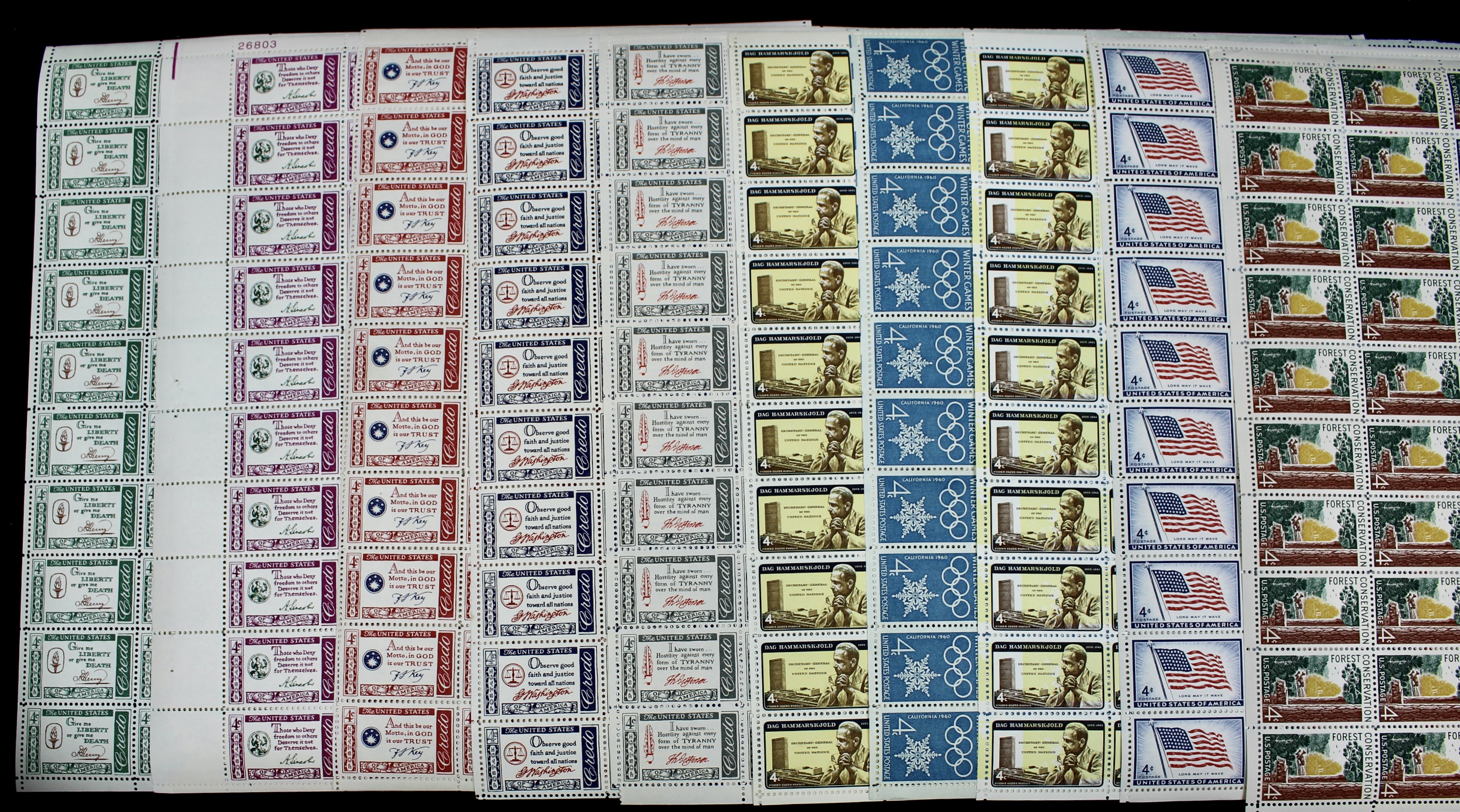 Sixty-Eight Different U.S. 4-Cent Postage Stamp Sheets, 50s and 60s