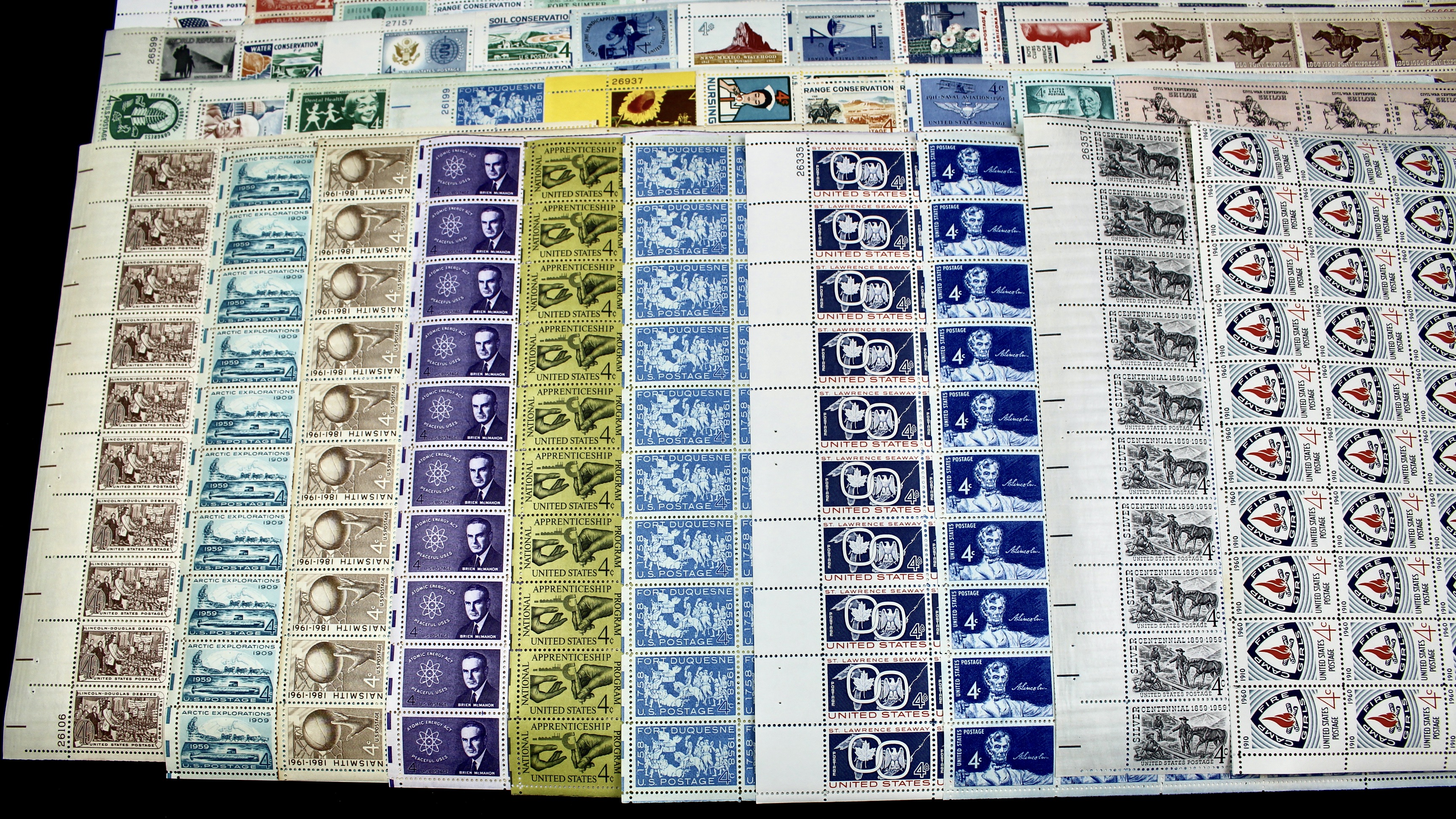 Sixty-Eight Different U.S. 4-Cent Postage Stamp Sheets, 50s and 60s