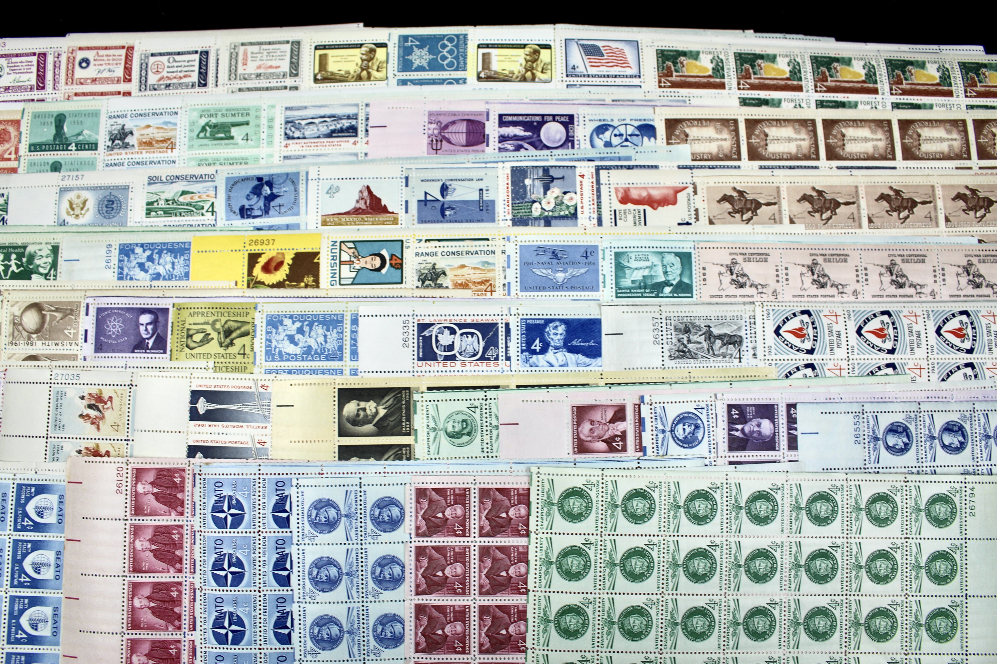 Sixty-Eight Different U.S. 4-Cent Postage Stamp Sheets, 50s and 60s