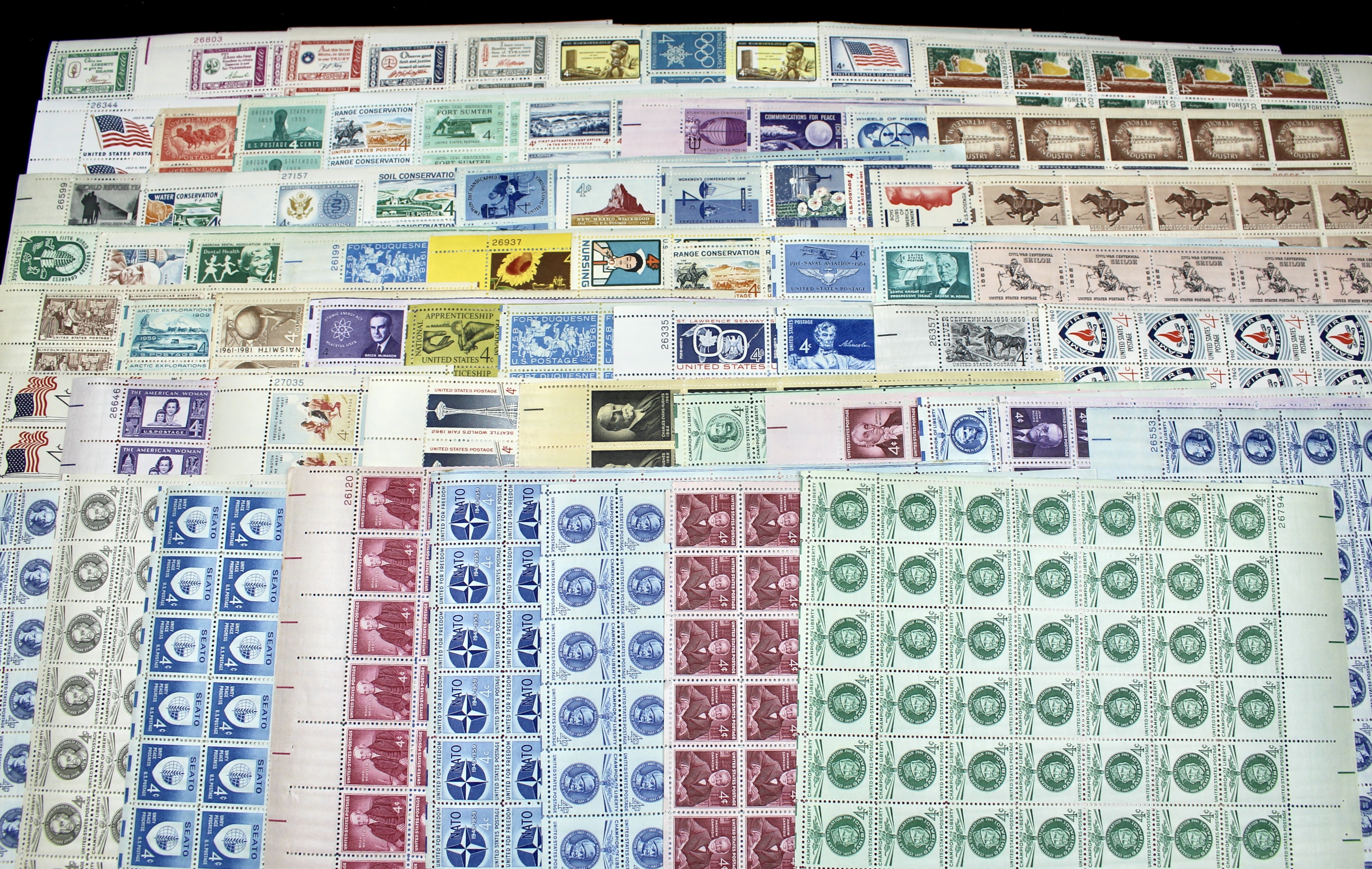 Sixty-Eight Different U.S. 4-Cent Postage Stamp Sheets, 50s and 60s