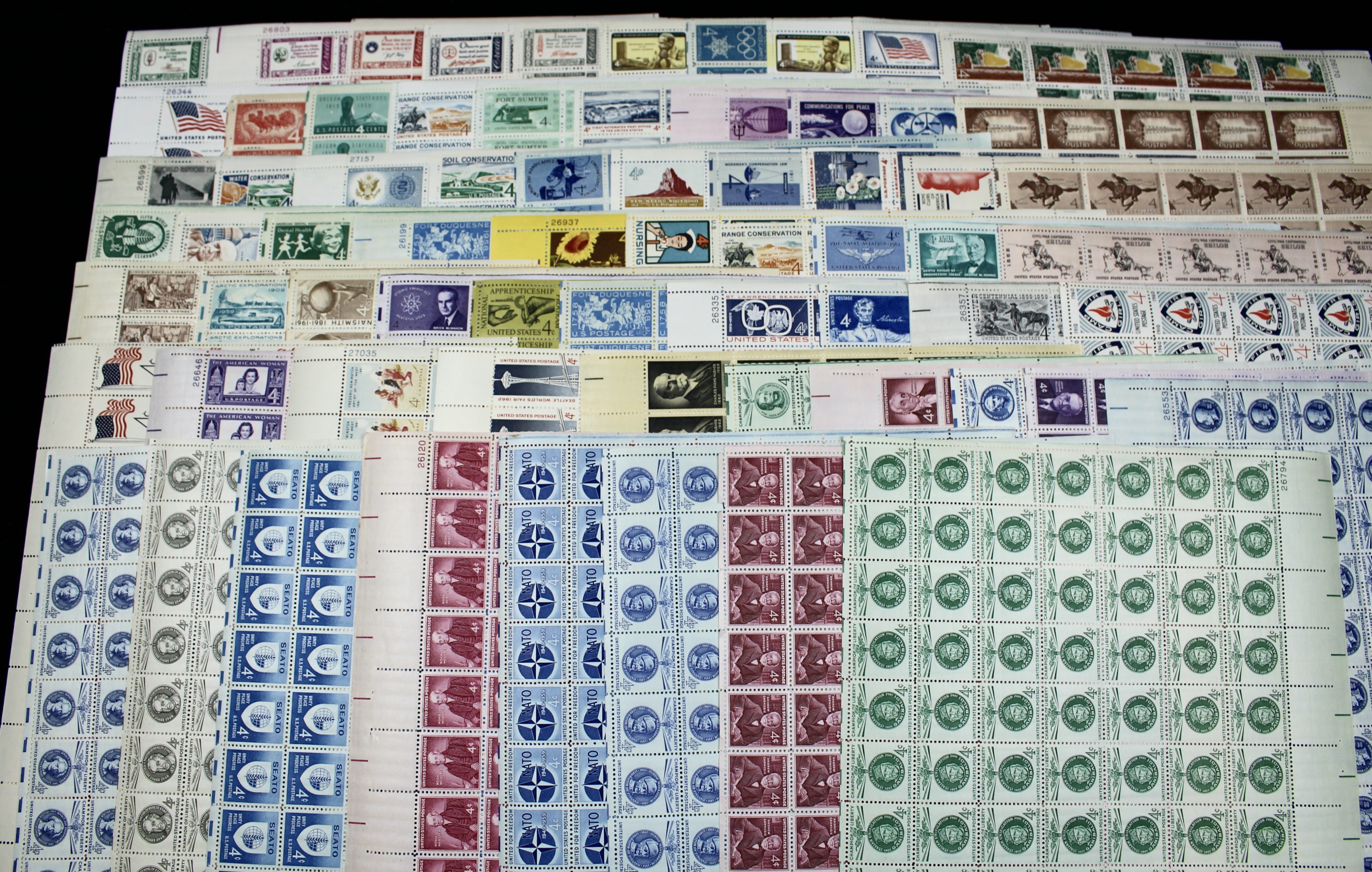 Sixty-Eight Different U.S. 4-Cent Postage Stamp Sheets, 50s and 60s