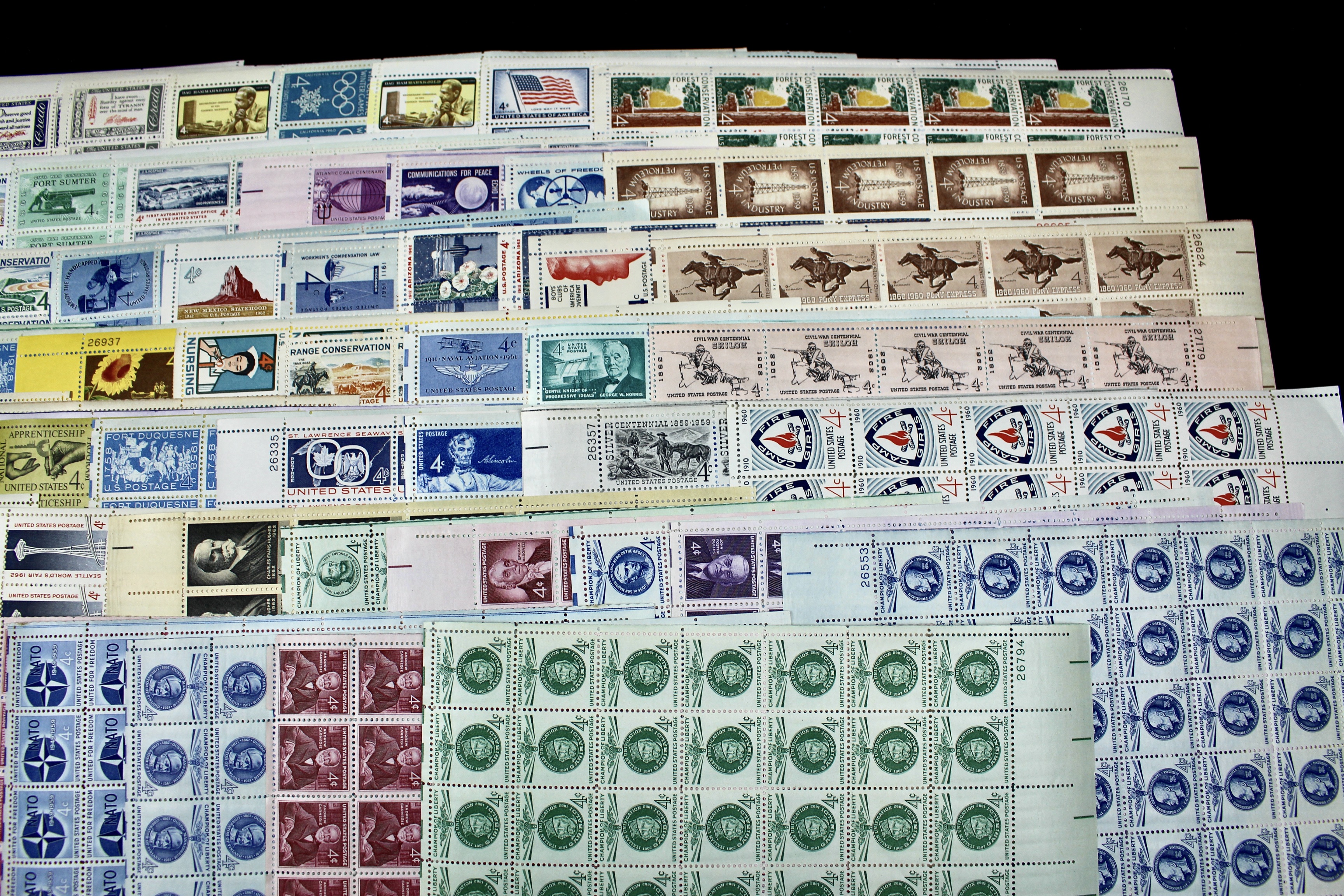 Sixty-Eight Different U.S. 4-Cent Postage Stamp Sheets, 50s and 60s