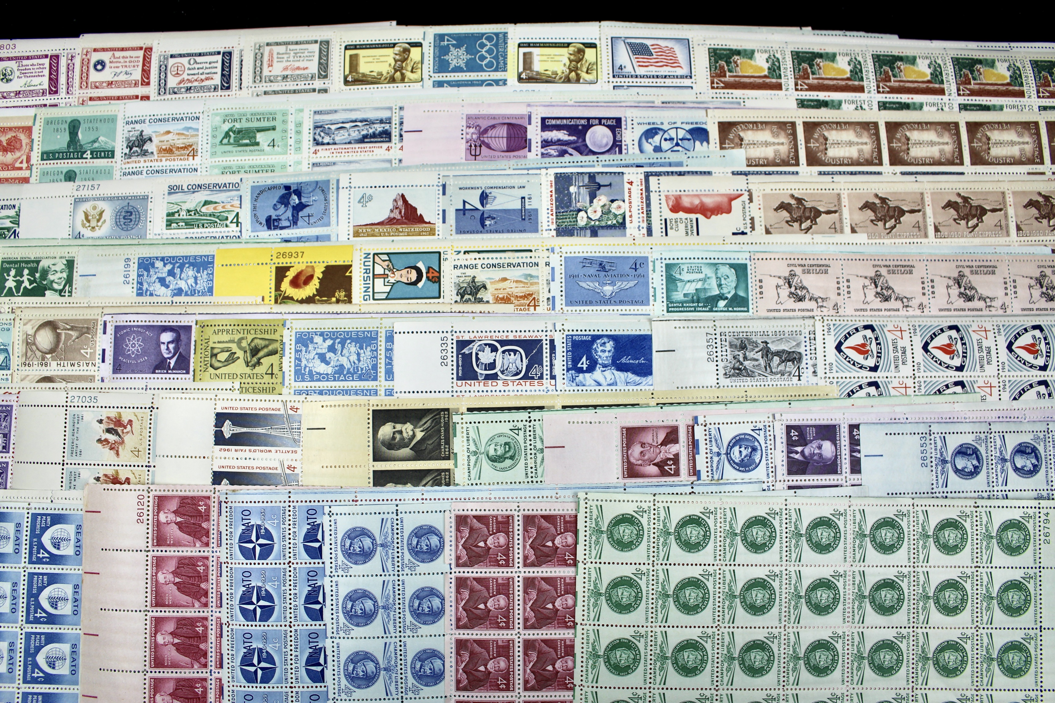 Sixty-Eight Different U.S. 4-Cent Postage Stamp Sheets, 50s and 60s