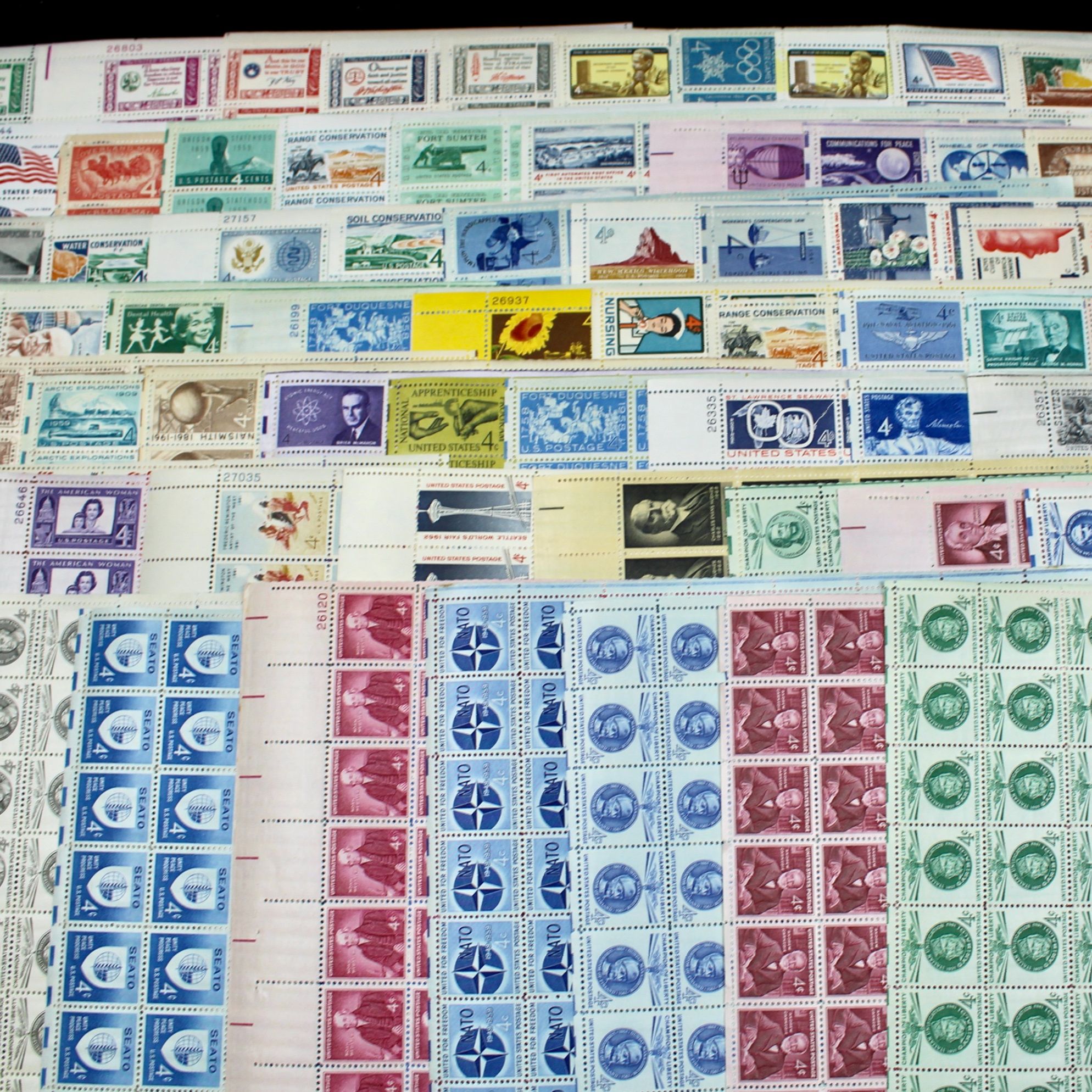 Sixty-Eight Different U.S. 4-Cent Postage Stamp Sheets, 50s and 60s