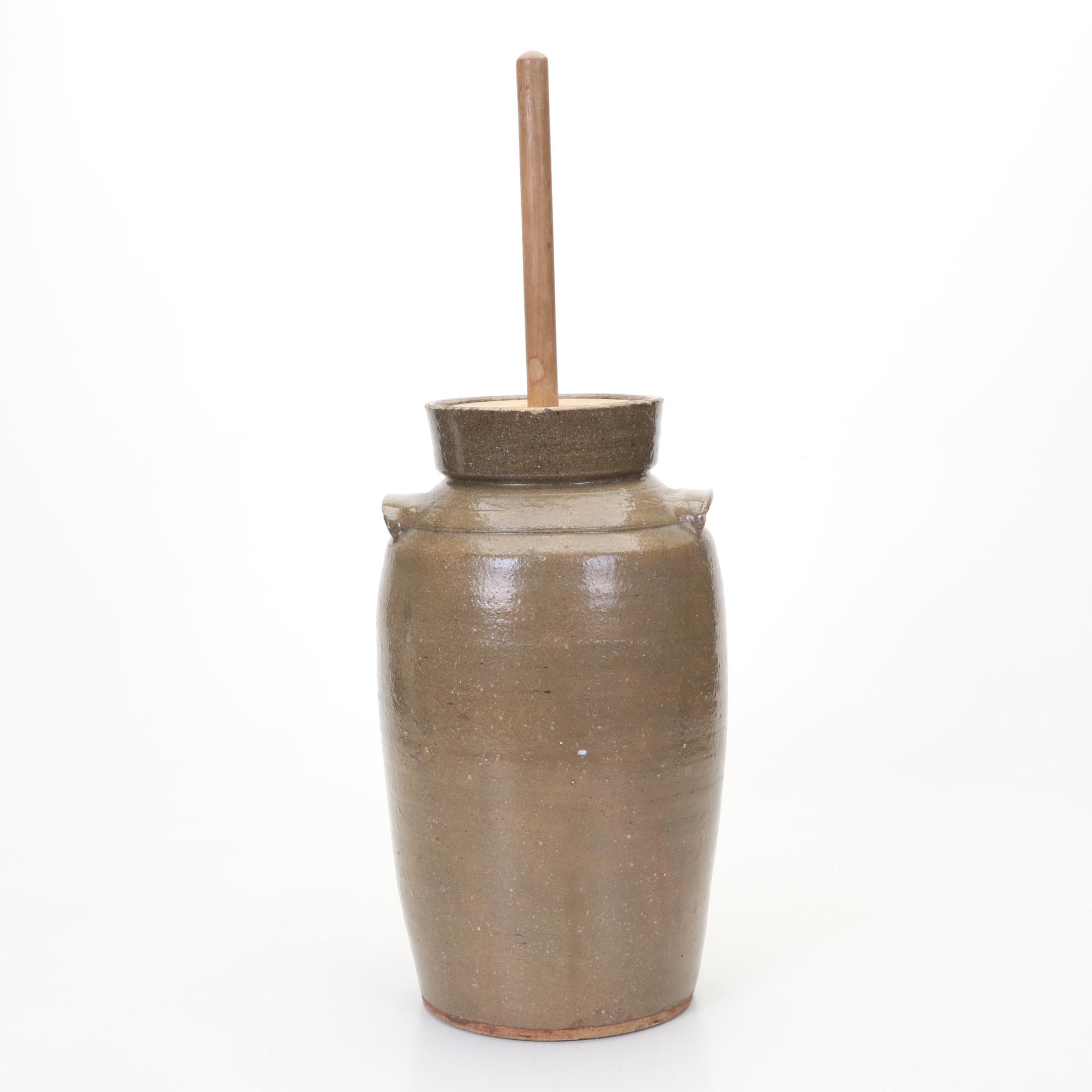 Antique Four-Gallon Stoneware Handled Butter Churn