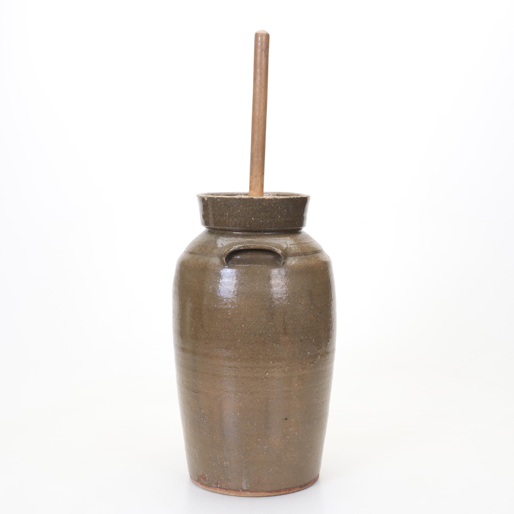 Antique Four-Gallon Stoneware Handled Butter Churn