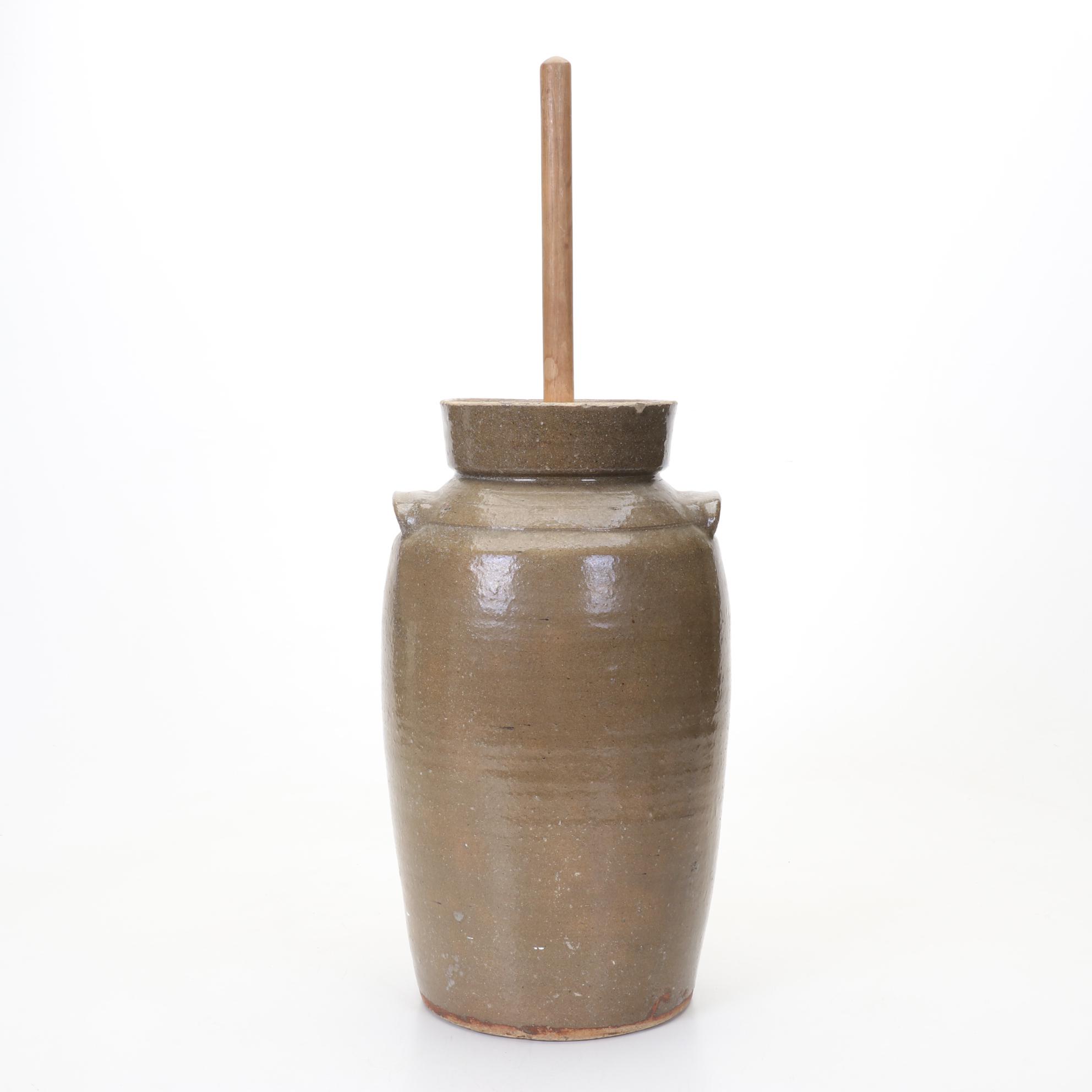 Antique Four-Gallon Stoneware Handled Butter Churn