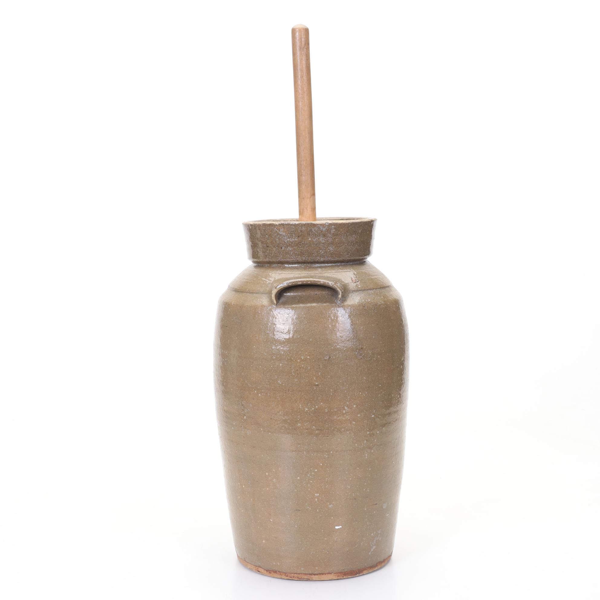 Antique Four-Gallon Stoneware Handled Butter Churn