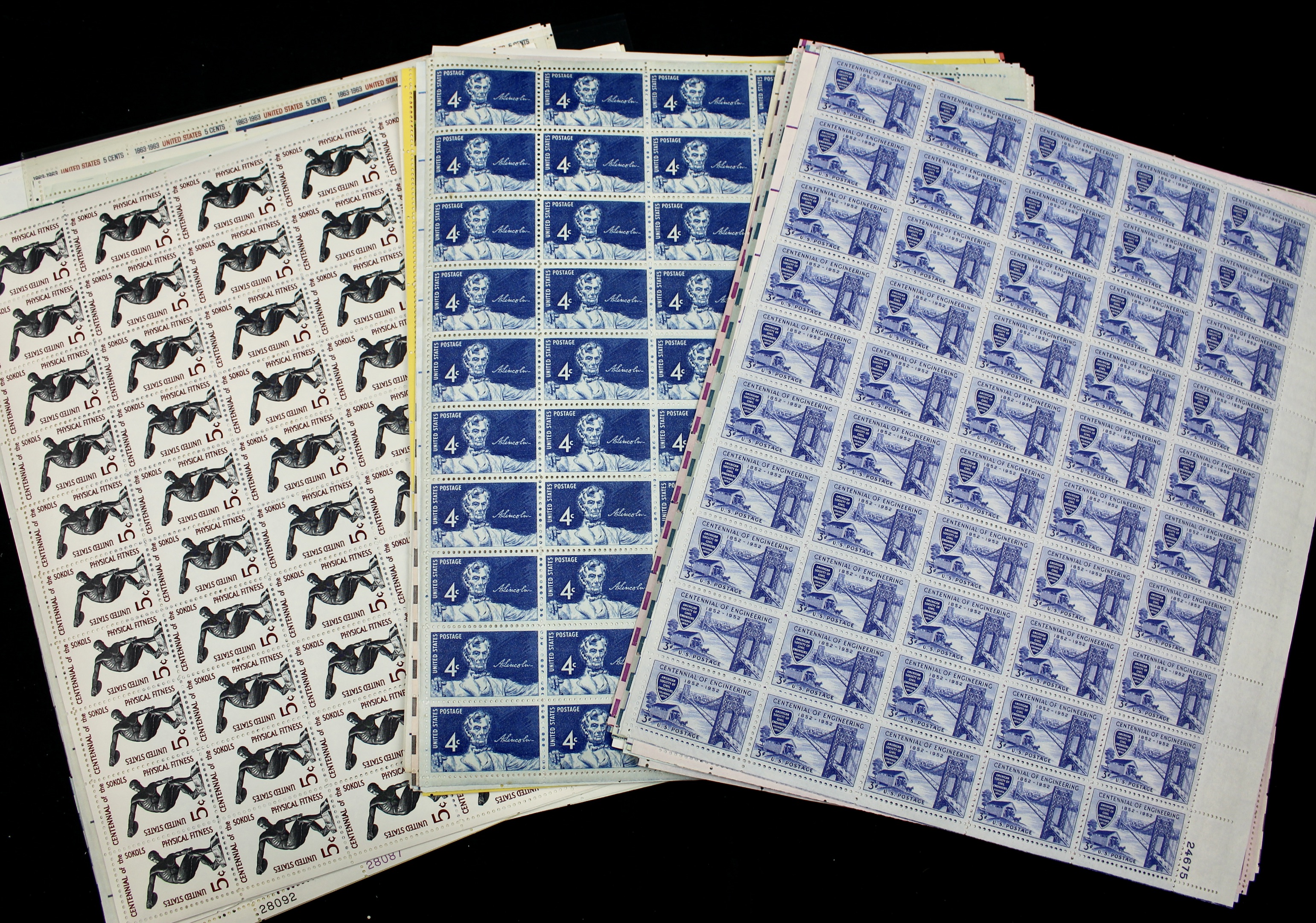 Fifty-Four Different U.S. 3, 4, and 5-Cent Postage Stamp Sheets, 1940s to 1960s