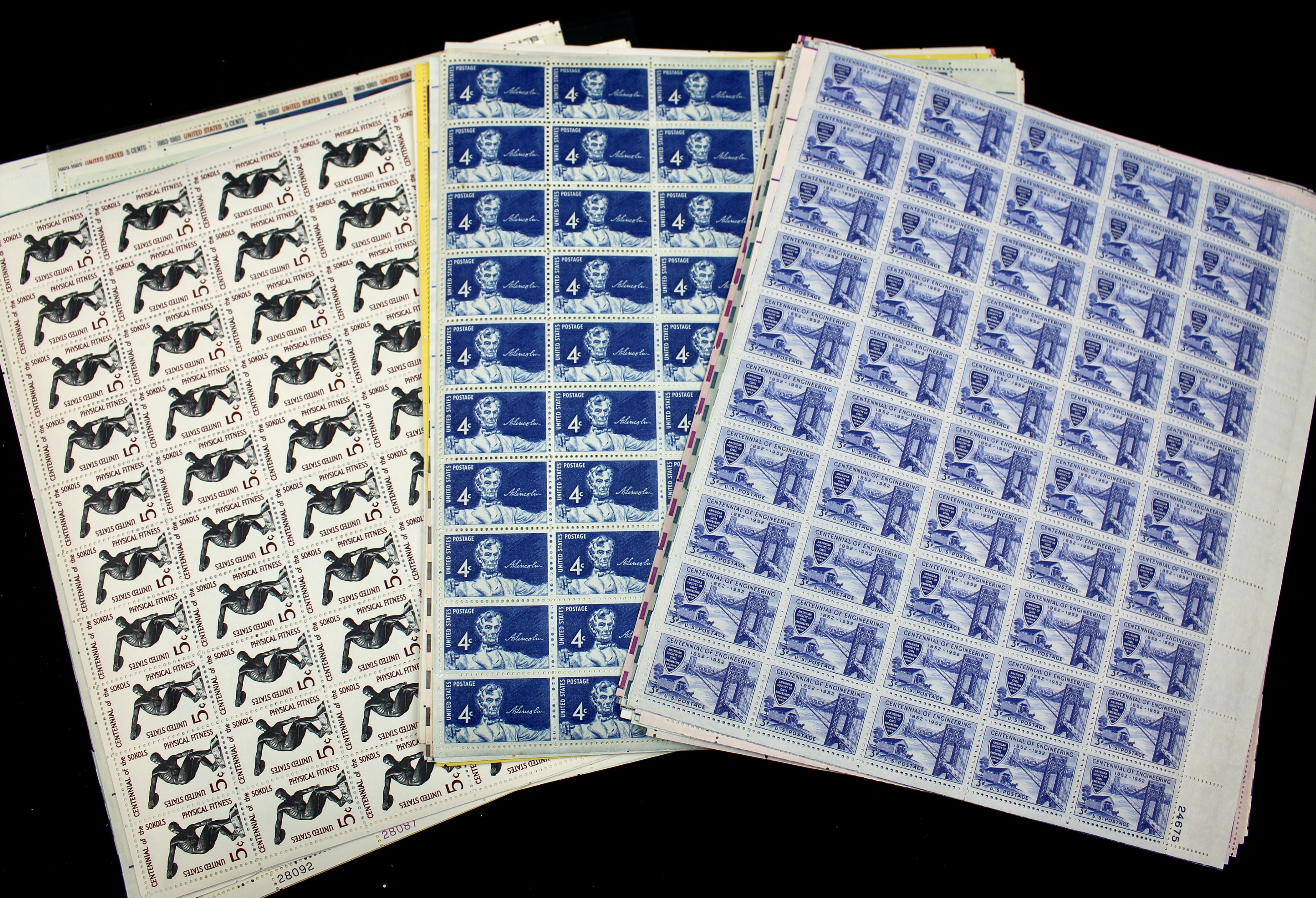 Fifty-Four Different U.S. 3, 4, and 5-Cent Postage Stamp Sheets, 1940s to 1960s