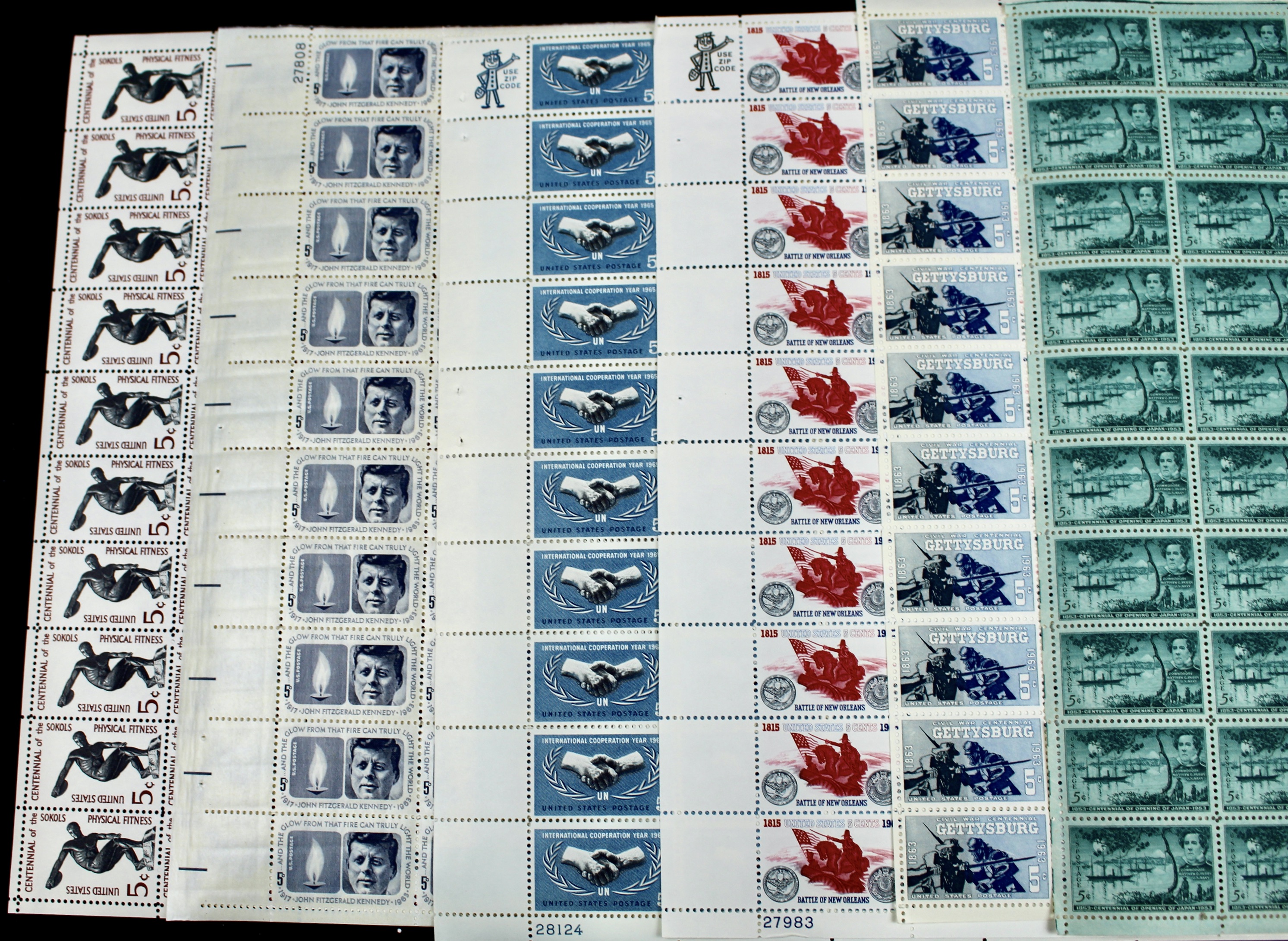 Fifty-Four Different U.S. 3, 4, and 5-Cent Postage Stamp Sheets, 1940s to 1960s