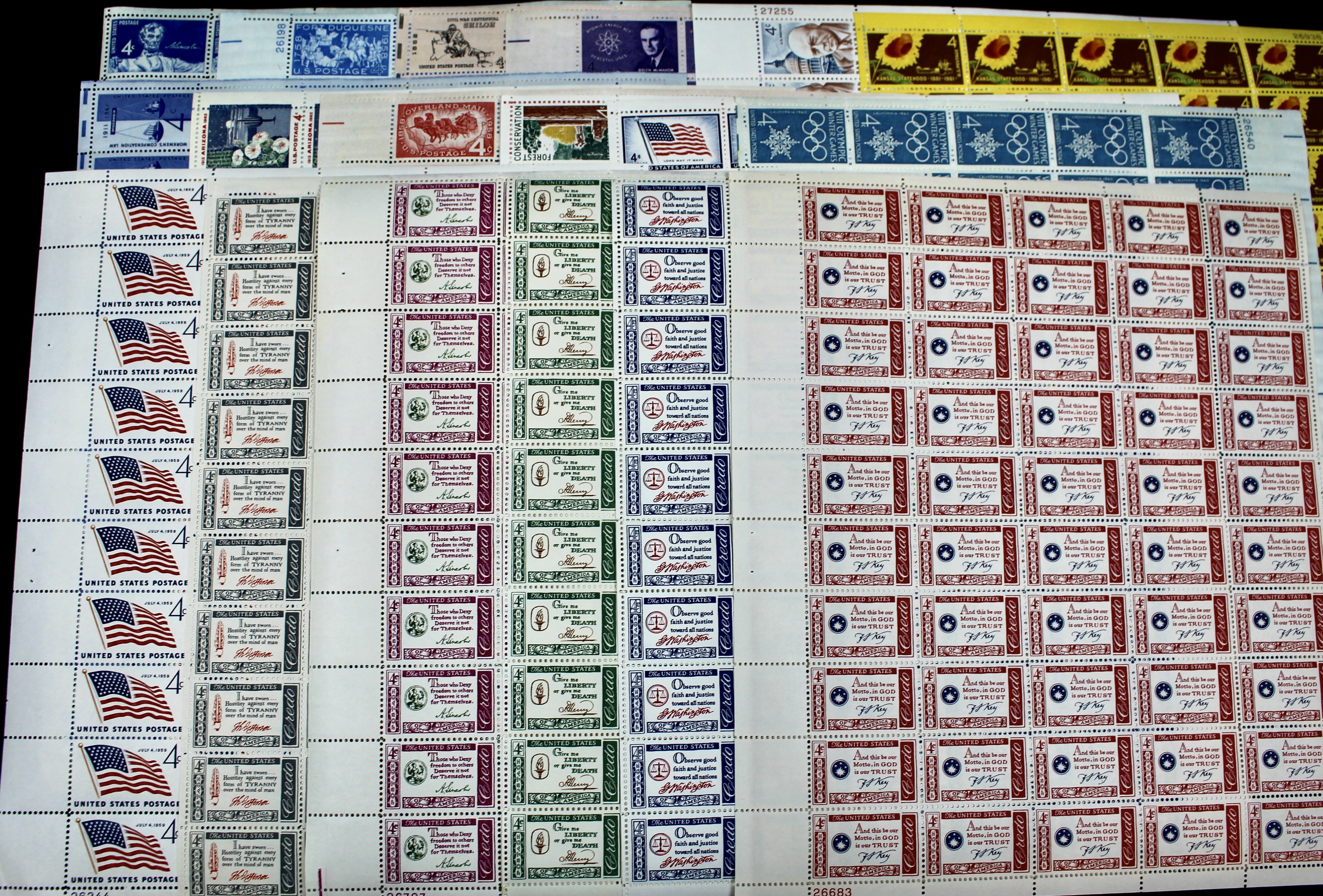 Fifty-Four Different U.S. 3, 4, and 5-Cent Postage Stamp Sheets, 1940s to 1960s