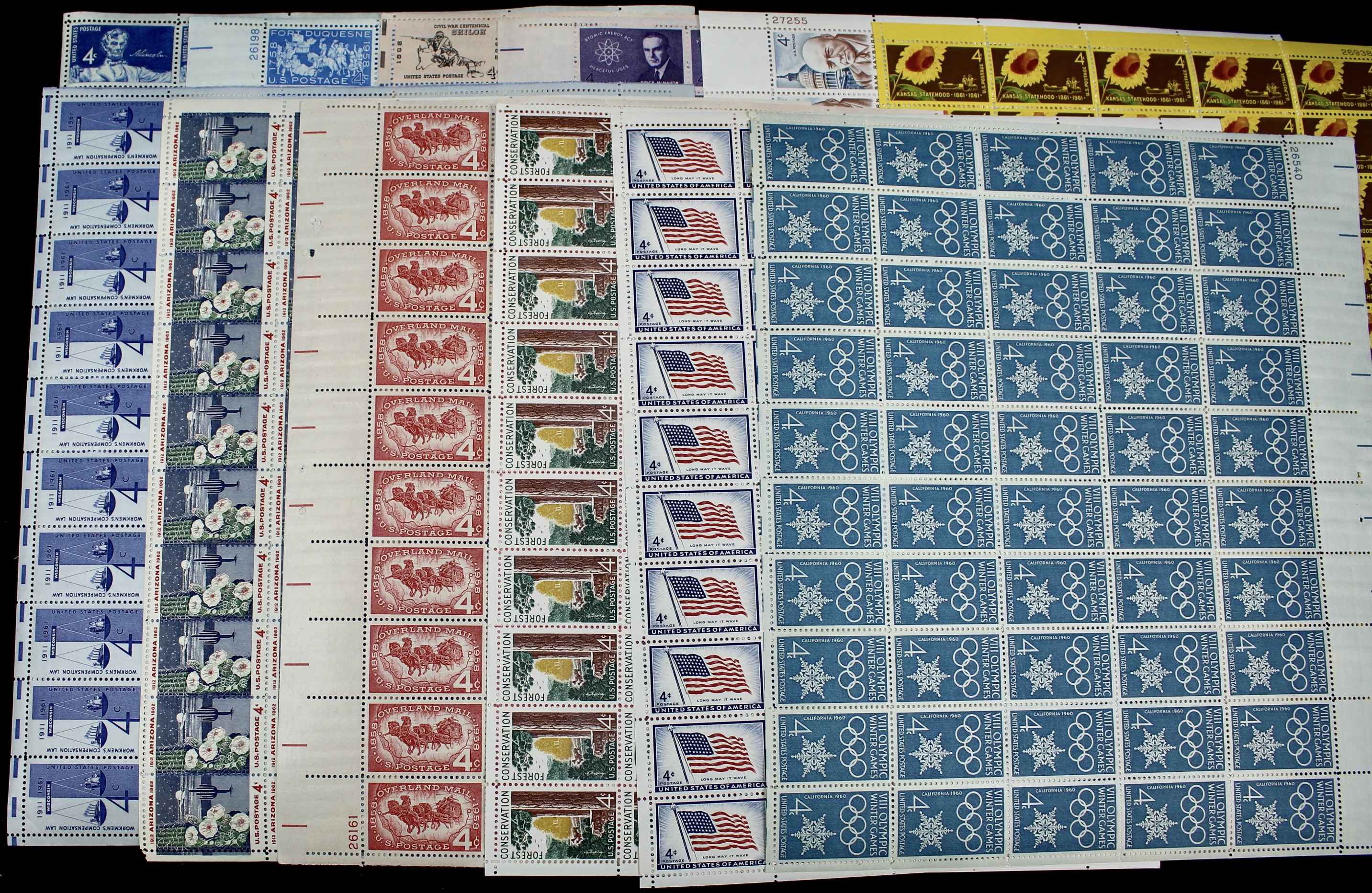Fifty-Four Different U.S. 3, 4, and 5-Cent Postage Stamp Sheets, 1940s to 1960s