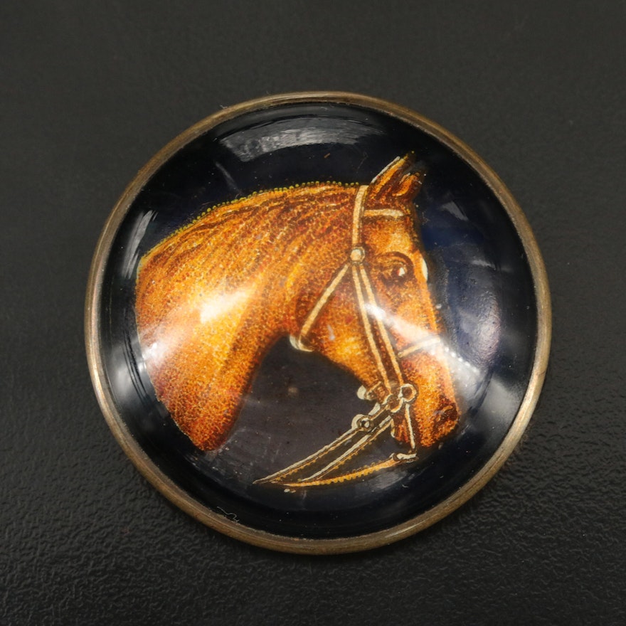 Vintage Glass Horse Bridle Rosette Button Brooch